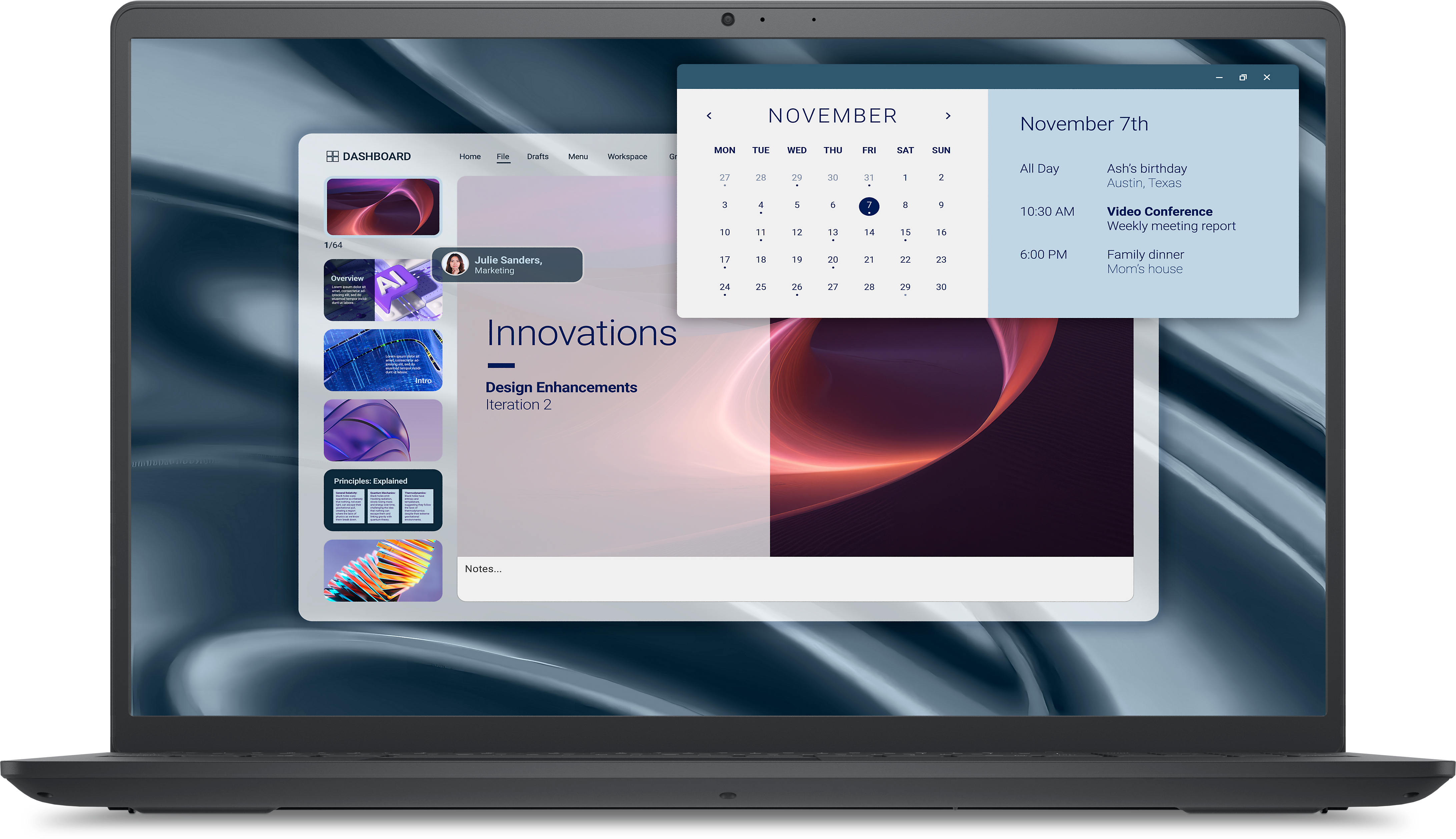 Laptop-Bildschirm zeigt Dashboard mit Kalender, Ereignissen und Profil. Der Kalender markiert den 7. November.