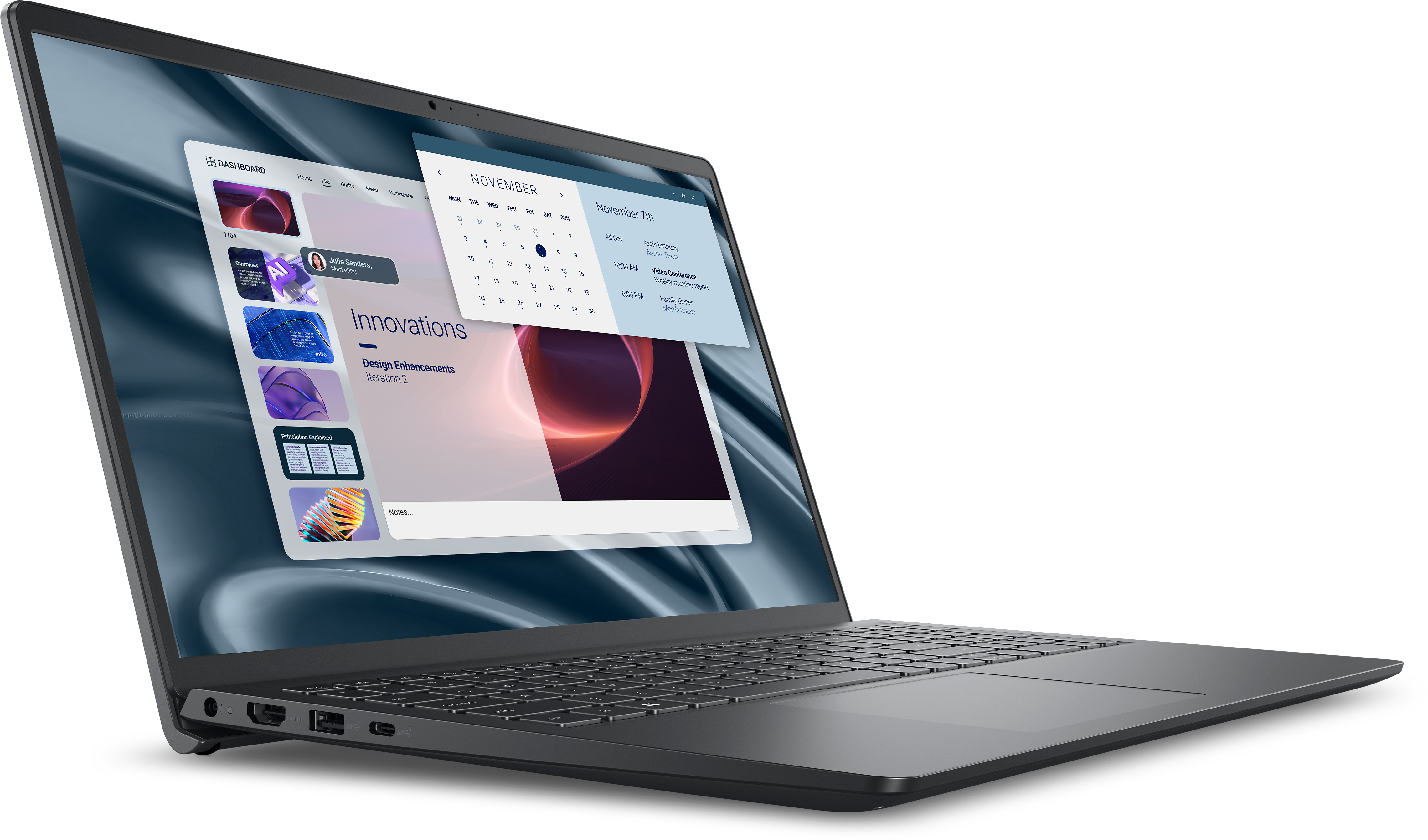 Laptop, das ein Dashboard mit Kalender, Agenda und Präsentationsdetails anzeigt. Der Bildschirm zeigt einen Kalender und andere Apps.