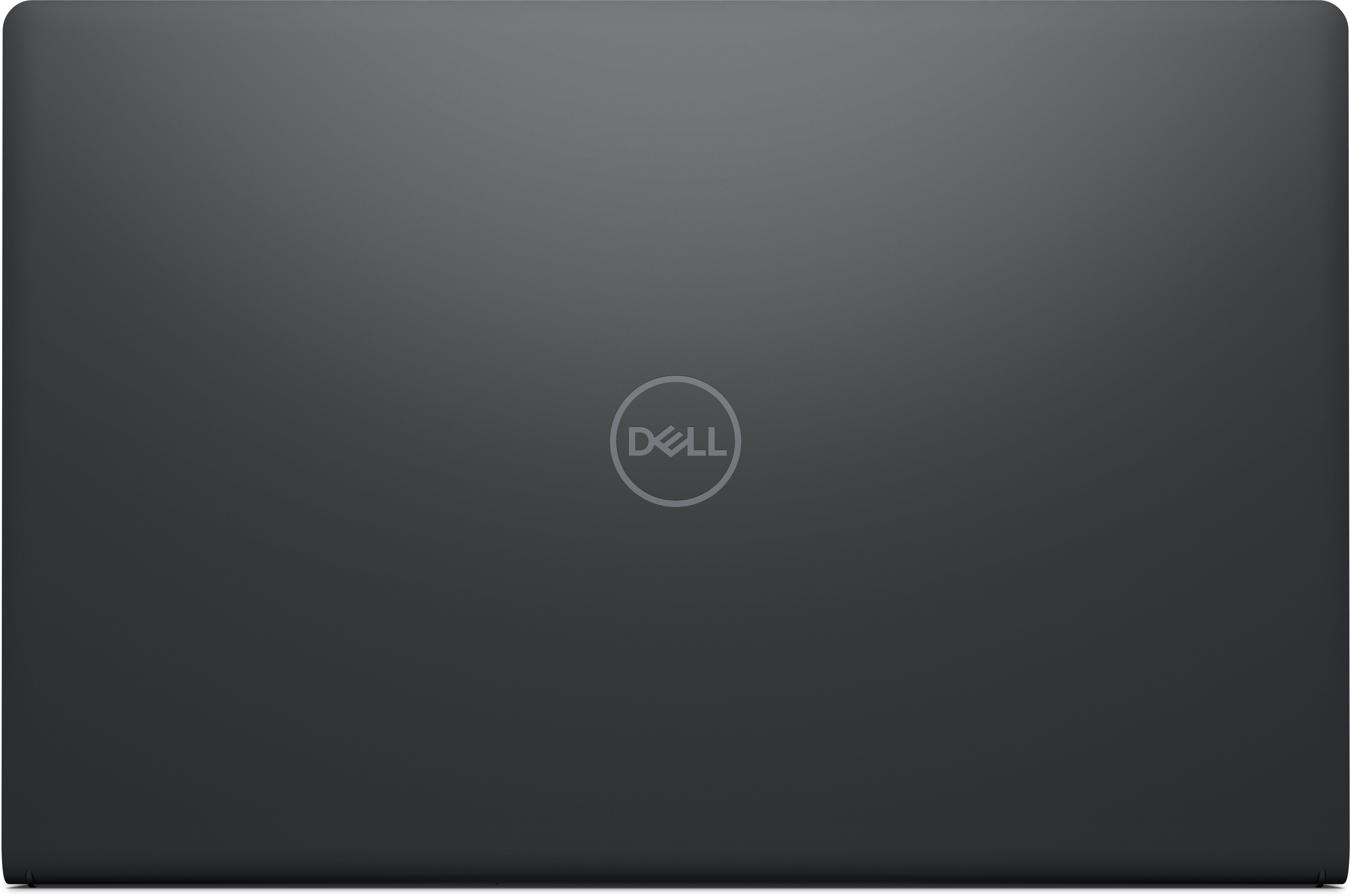 Dunkelgrauer Laptopdeckel mit Dell-Logo in der Mitte. Die Oberfläche ist glatt und reflektierend.