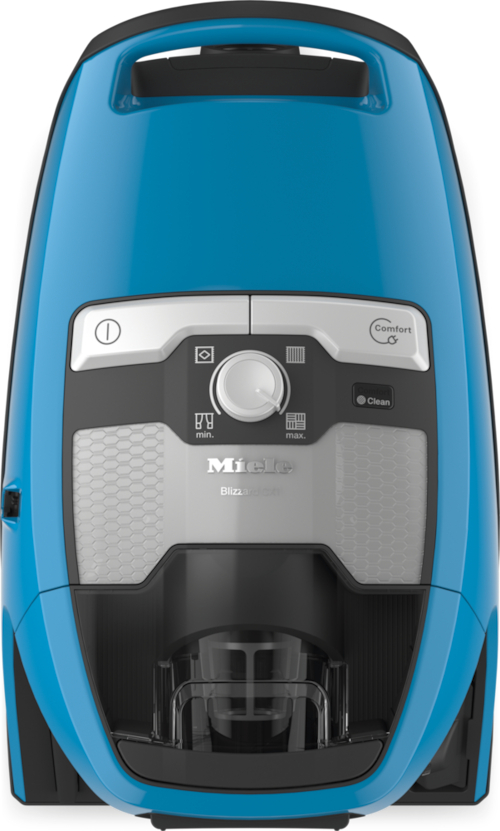 Ein blauer Miele Staubsauger. Er hat einen schwarzen Griff und ein Bedienfeld mit Drehknopf. Das Modell heißt Blizzad.