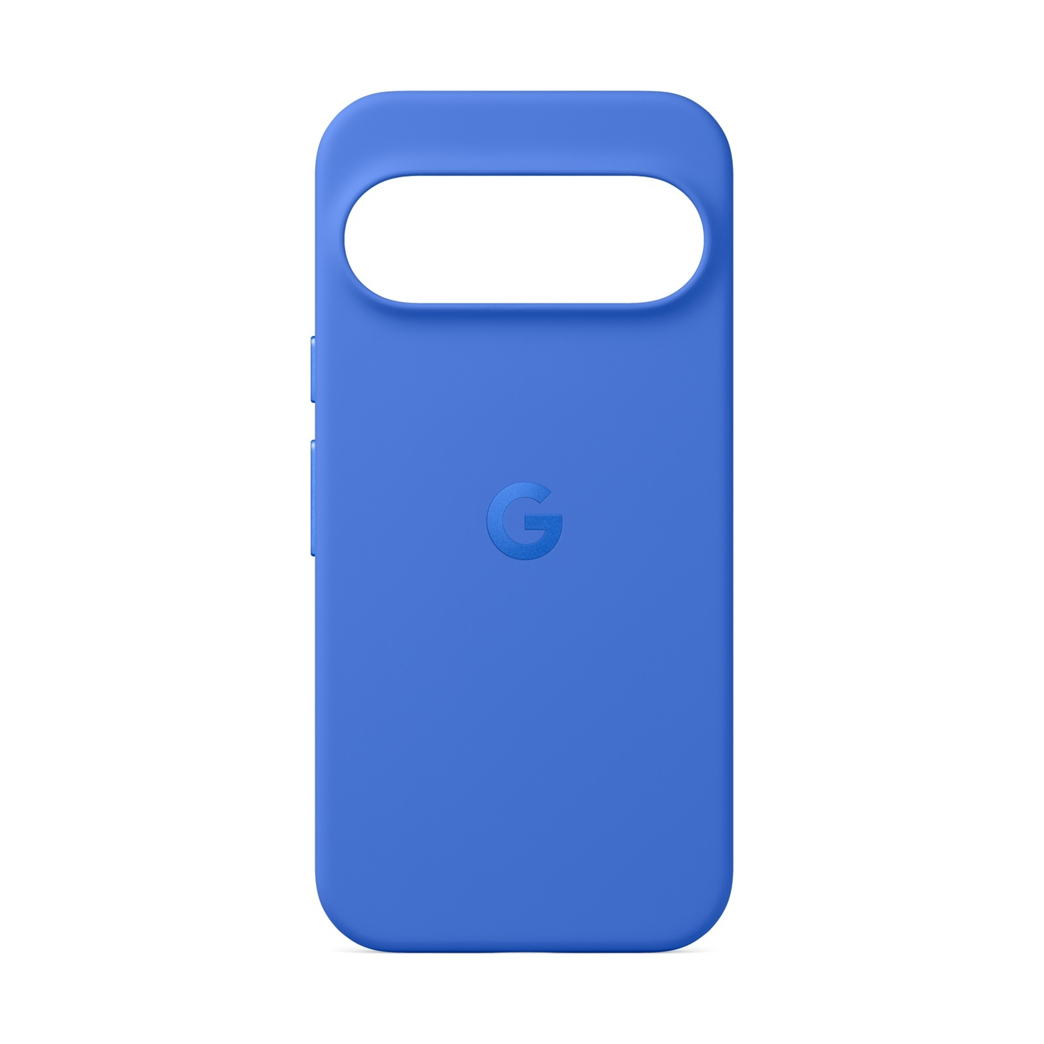 Una custodia blu per telefono con un ritaglio per la fotocamera e il logo 'G' di Google su sfondo bianco.