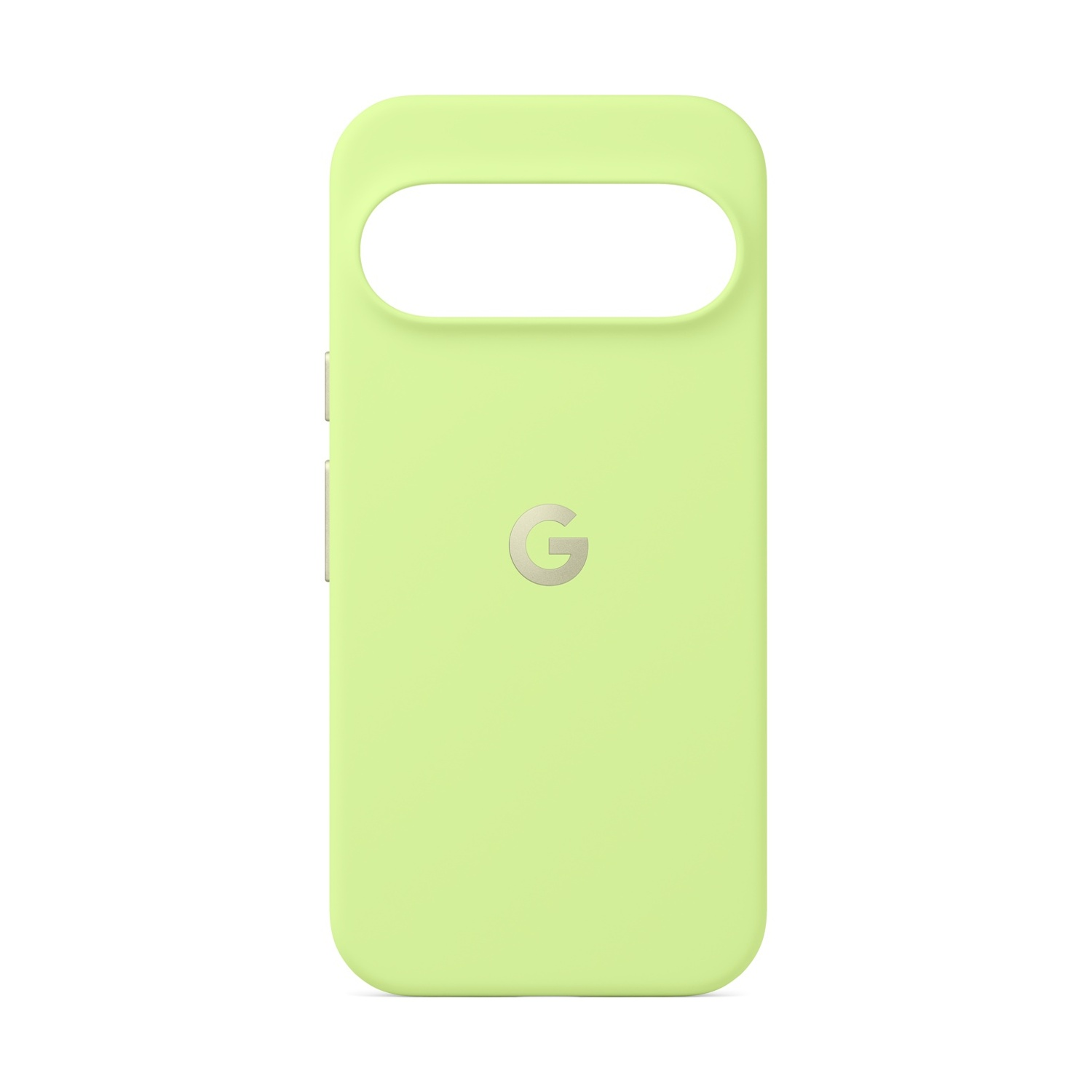 Una custodia per telefono verde chiaro, con un ritaglio per la fotocamera e un logo 'G' argentato. Due pulsanti sono visibili sul lato. Lo sfondo è bianco.