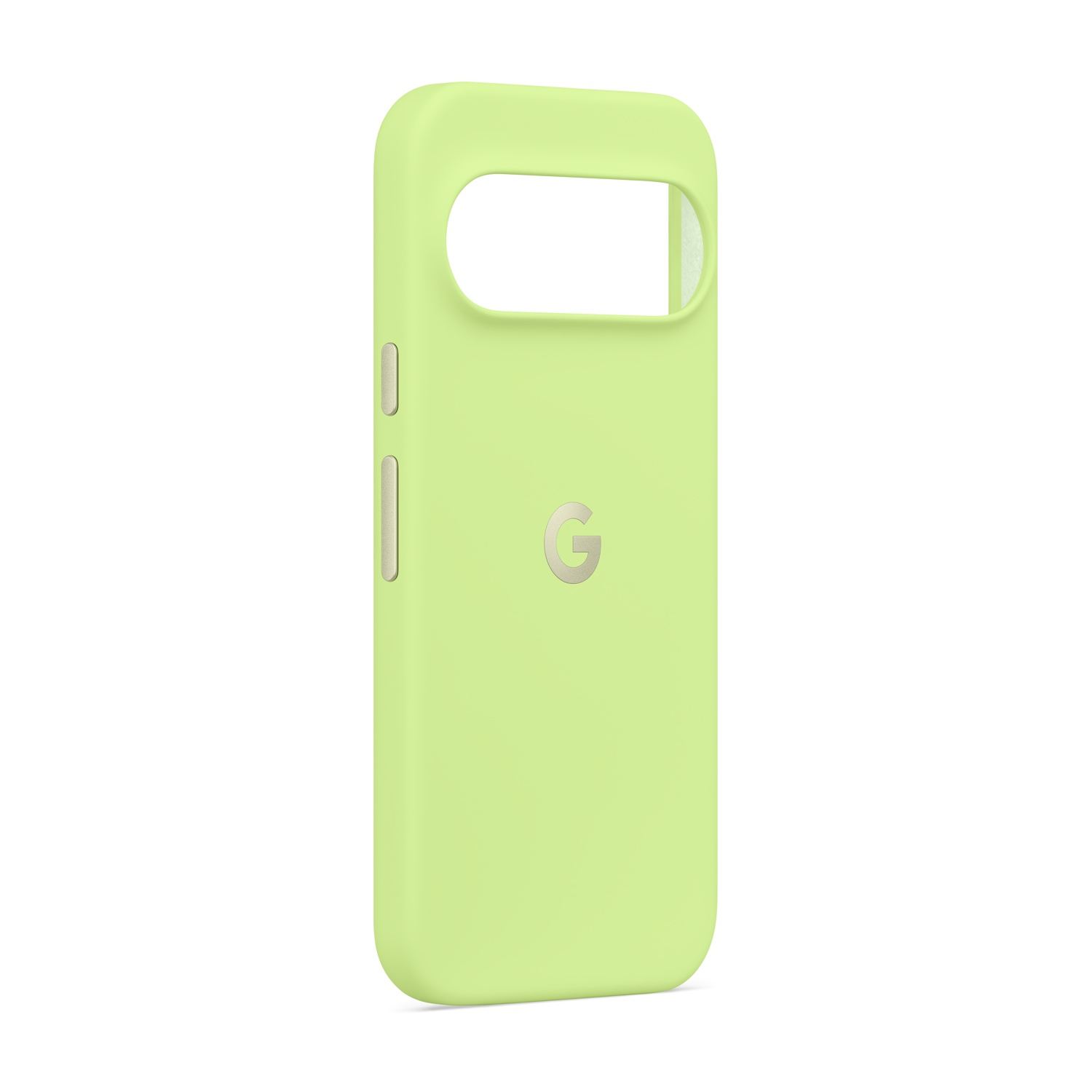 Una custodia per telefono verde chiaro con aperture per fotocamera e pulsanti, e un logo 'G' argentato.