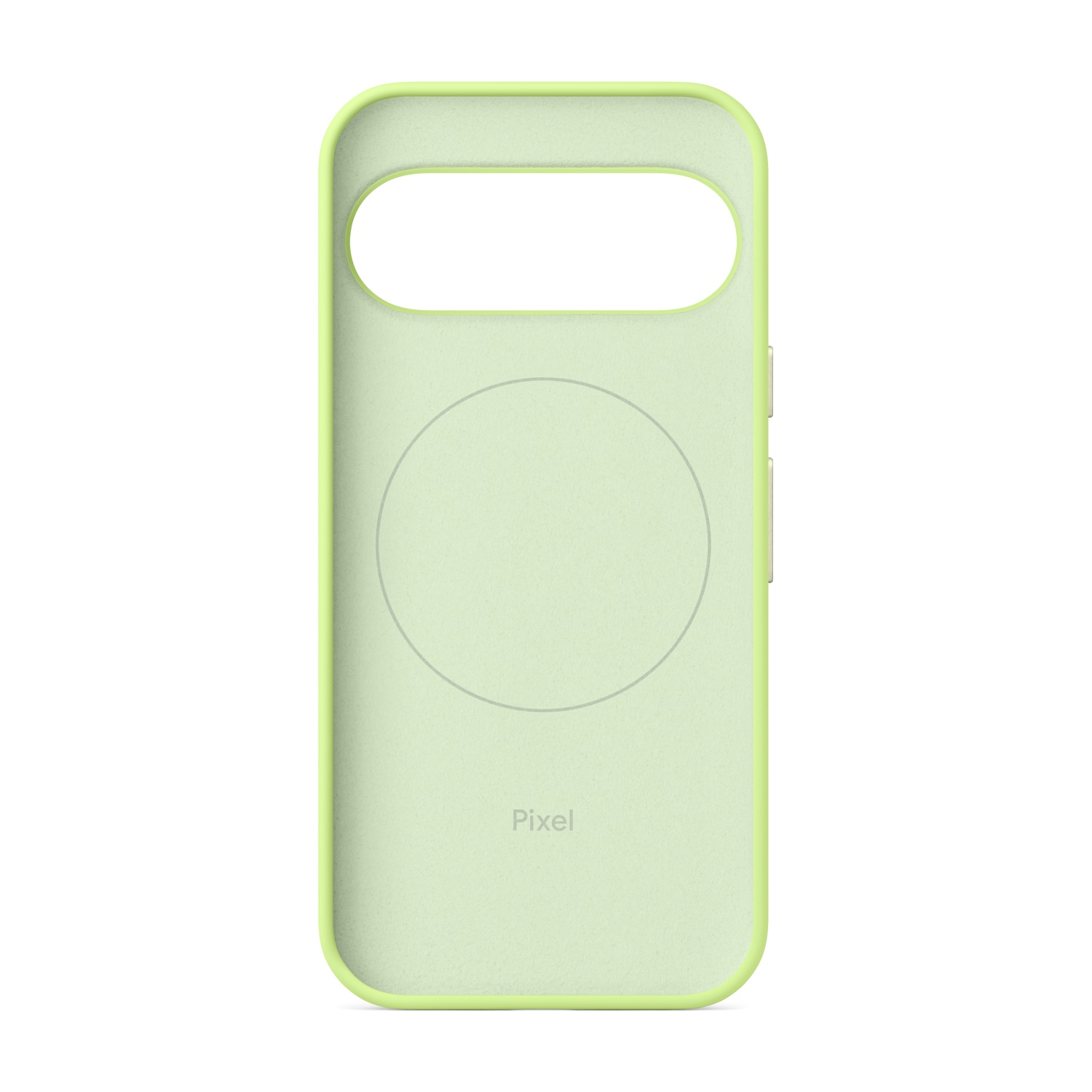 Una custodia per telefono Pixel verde chiaro. Ha un foro per la fotocamera e un cerchio MagSafe. I bordi e i dettagli sono verdi più brillanti.