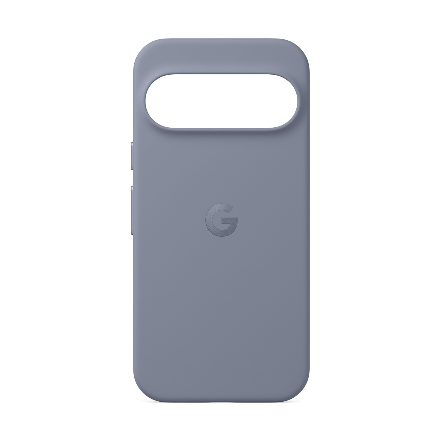 Una custodia per telefono azzurra con un ritaglio per la fotocamera. Ha il logo Google 'G' al centro. I pulsanti sono visibili sul lato sinistro.