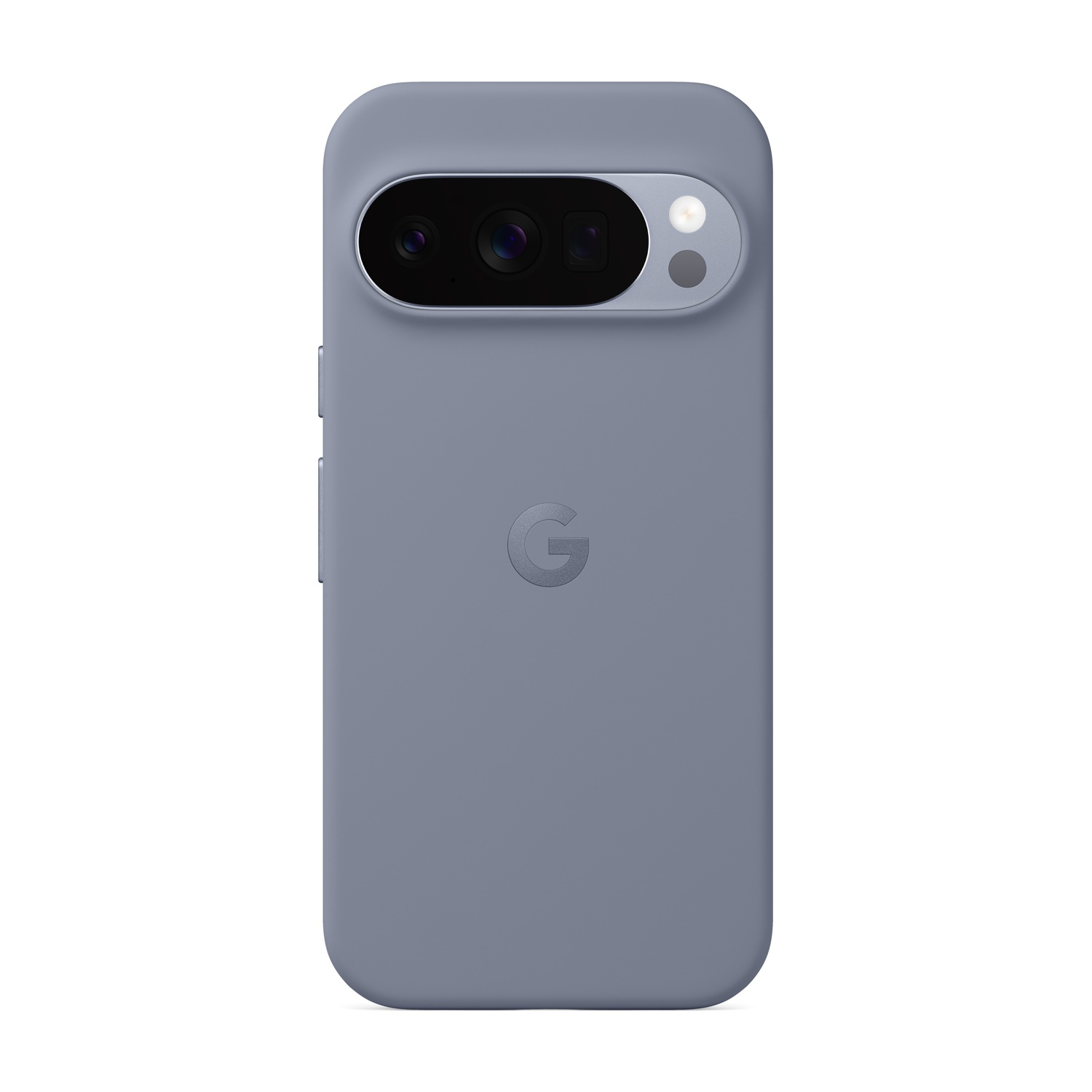 Una custodia per telefono azzurra con un modulo fotocamera. Il logo Google è sul retro. Ci sono pulsanti sul lato.