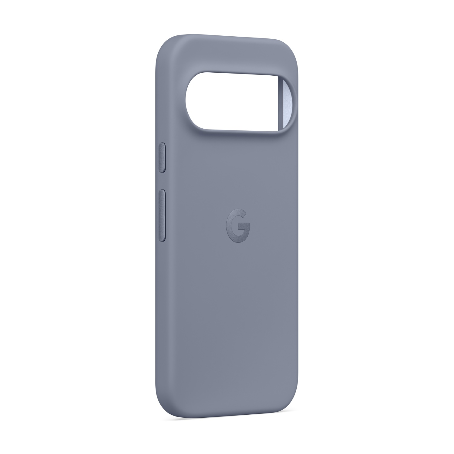 Una custodia grigia per telefono con un'apertura per la fotocamera e il logo 'G'. Ha pulsanti laterali e sfondo bianco.