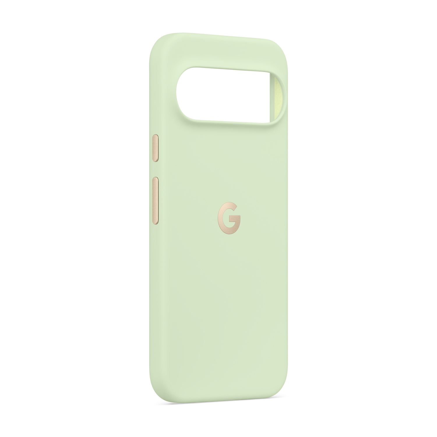 Una custodia per telefono verde chiaro con un ritaglio per la fotocamera e un logo 'G' dorato. Il lato ha pulsanti dorati.