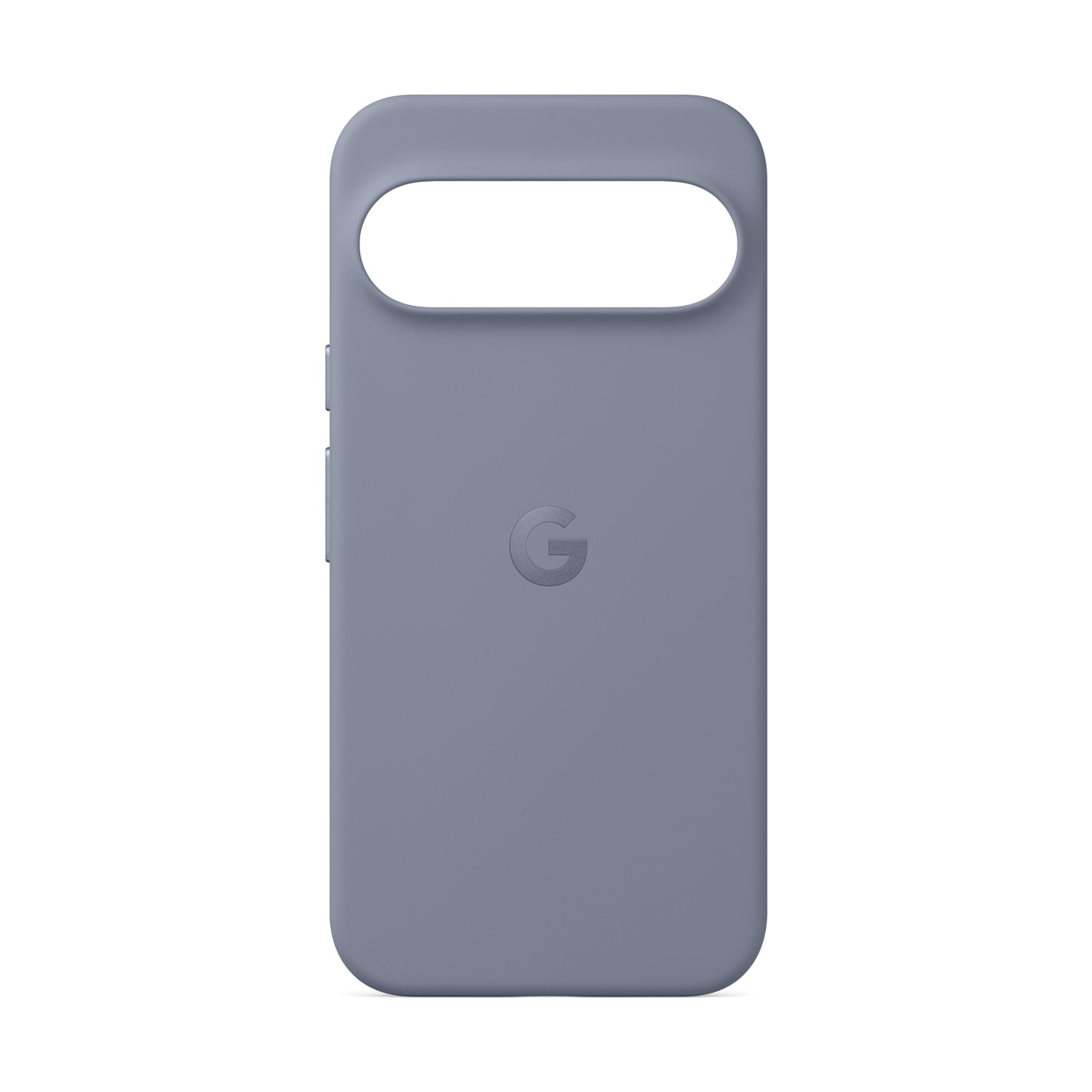Una custodia per telefono azzurra, con un ritaglio per la fotocamera in alto e il logo 'G' al centro. Su sfondo bianco.