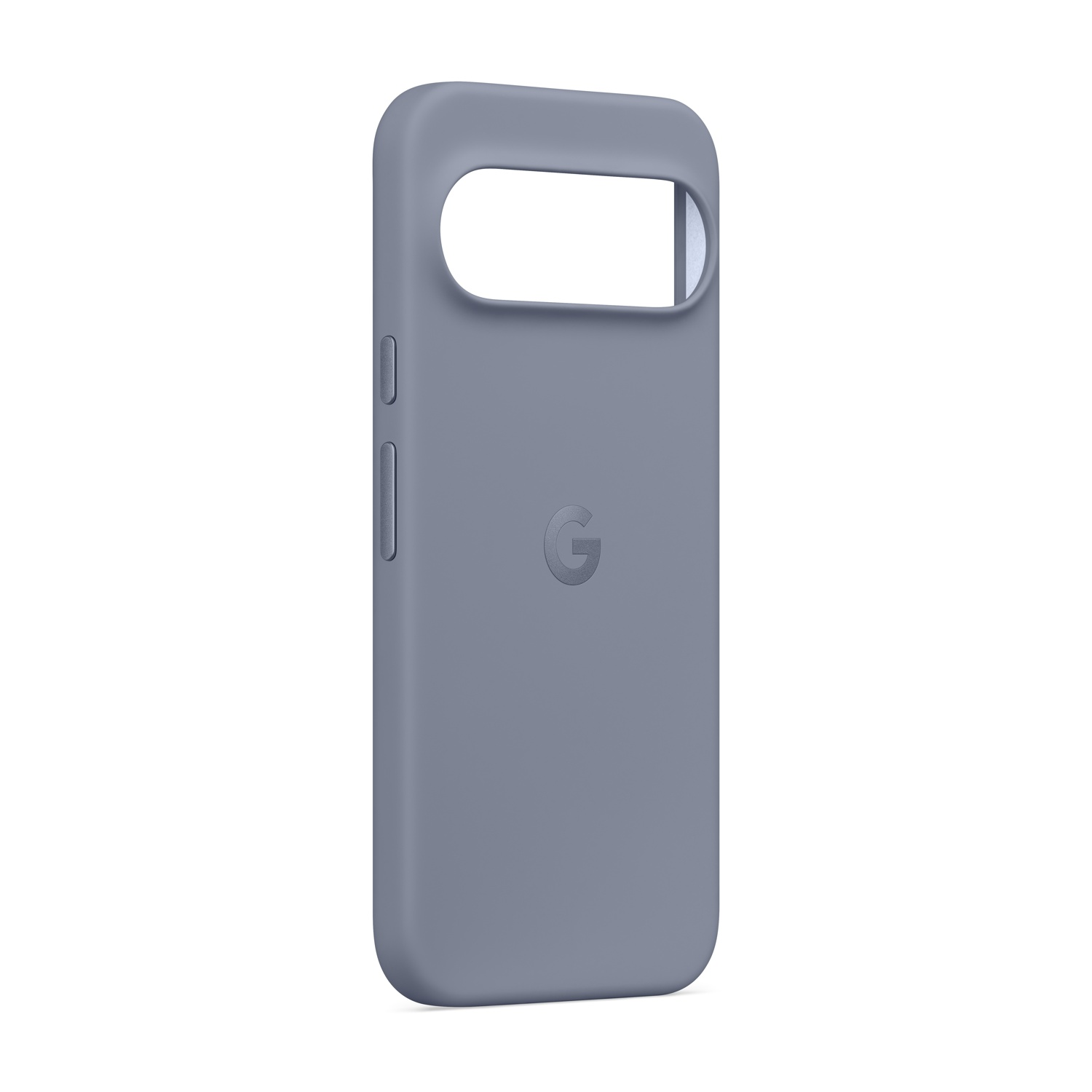 Una custodia grigia per telefono con un ritaglio per la fotocamera e il logo Google. I pulsanti sono sul lato. Lo sfondo è bianco.