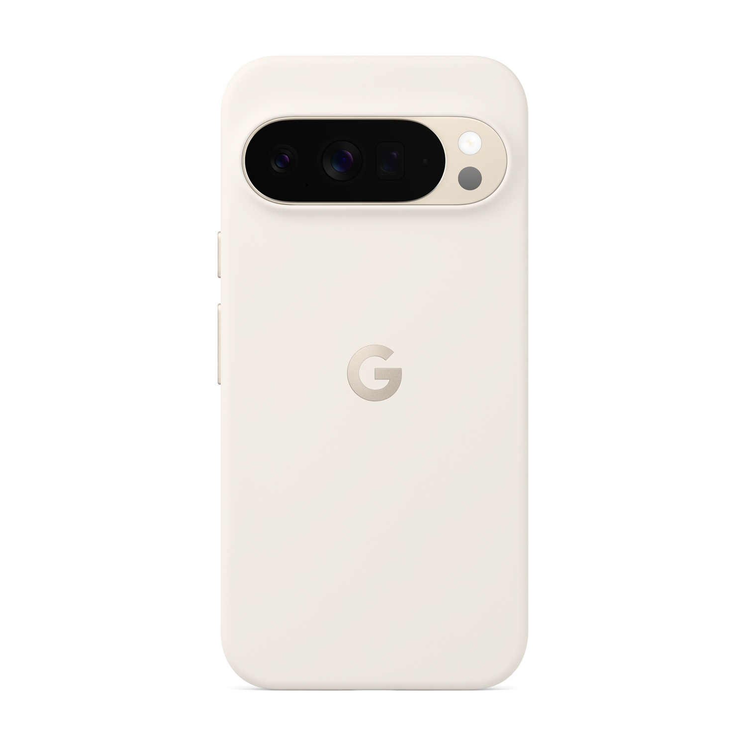 Una custodia per telefono color crema con una barra per la fotocamera. Il logo 'G' argentato è centrato. La custodia ha ritagli per pulsanti e fotocamera.