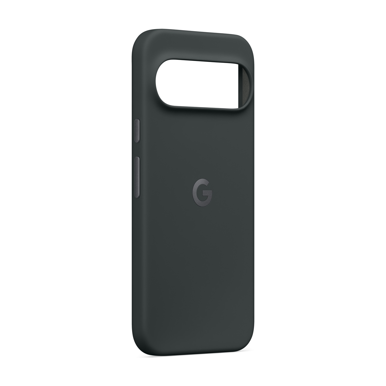 Una custodia per telefono grigio scuro con il logo 'G' di Google. Ha ritagli per la fotocamera e i pulsanti. Lo sfondo è bianco.