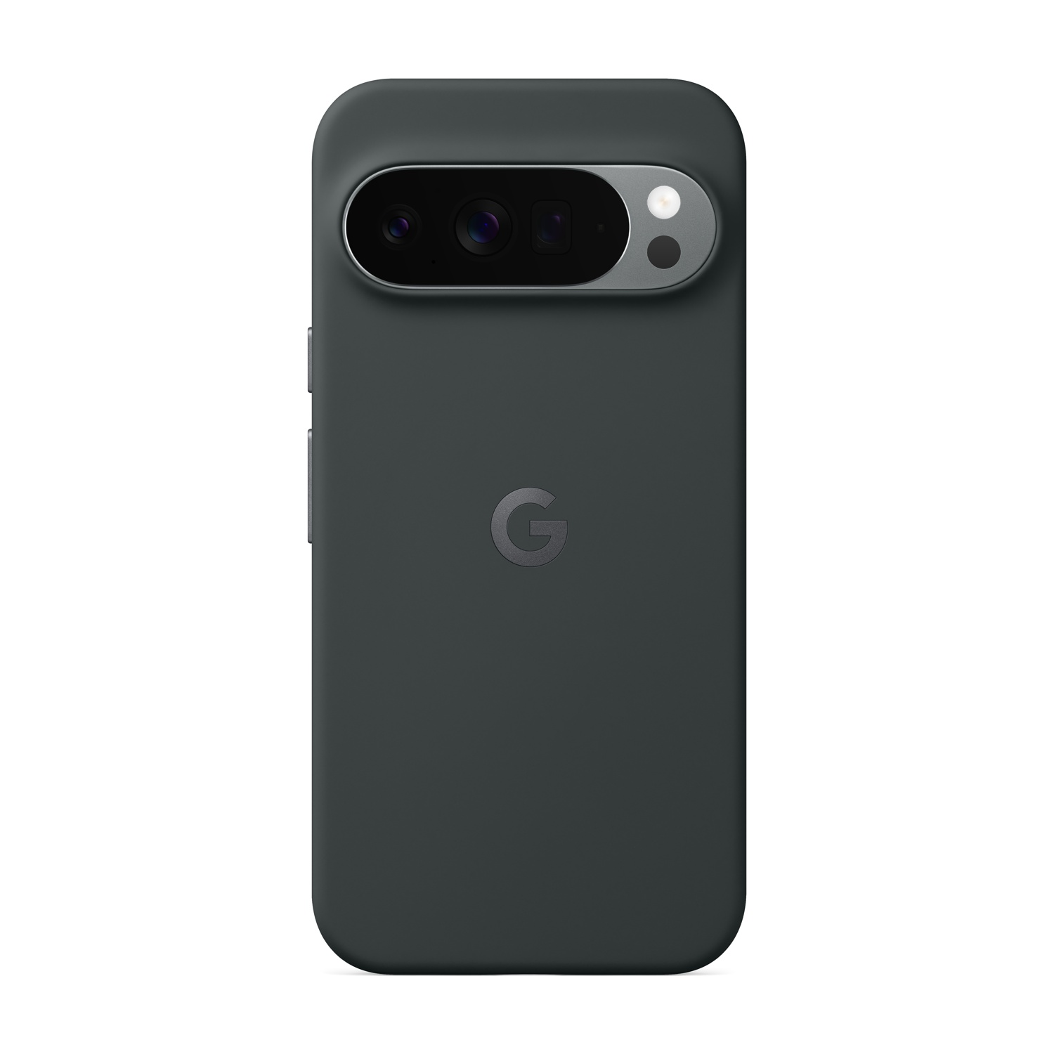 Una custodia per telefono grigio scuro con una barra della fotocamera e il logo Google 'G'. La custodia è liscia e copre la parte posteriore del telefono.