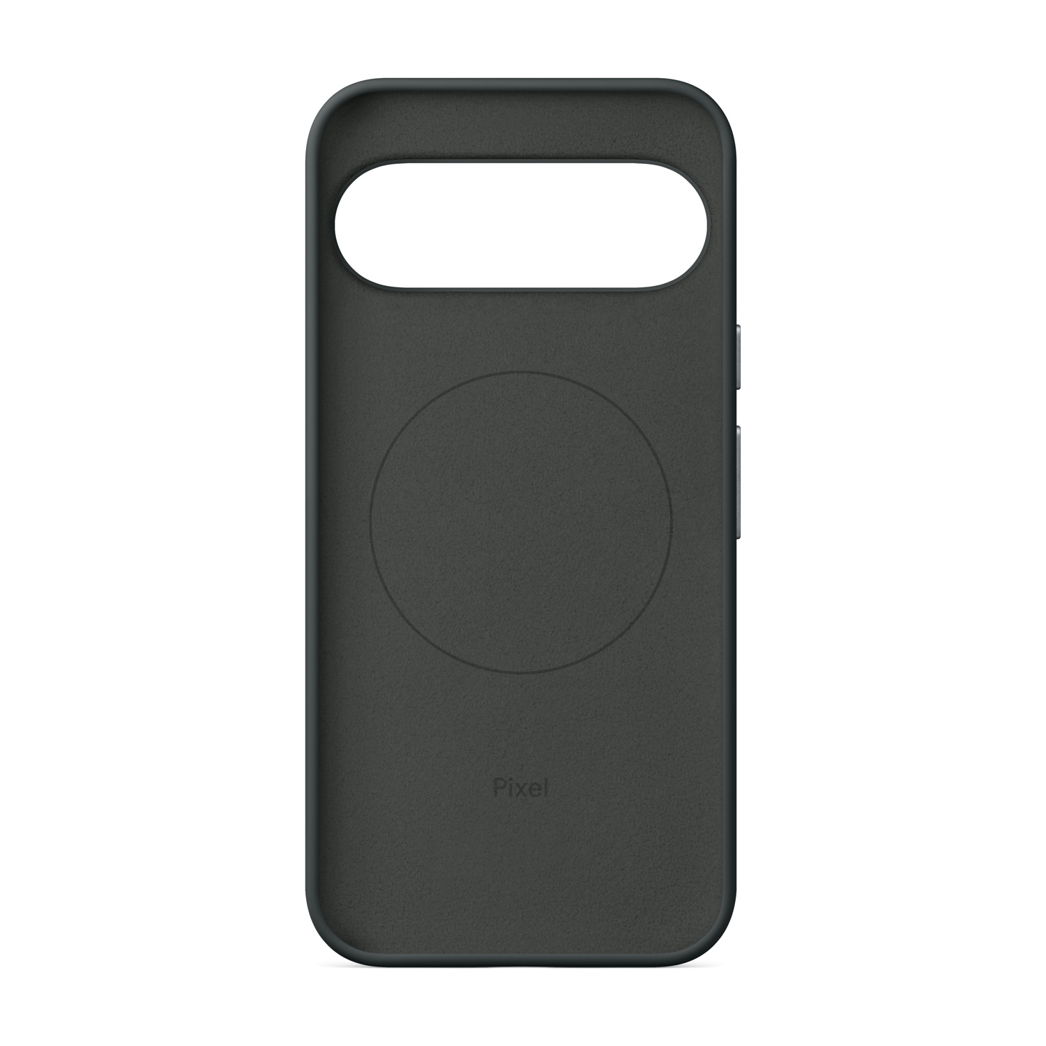 Una custodia grigio scuro per un telefono Pixel. Ha un ampio ritaglio per la fotocamera e un'indentazione circolare.