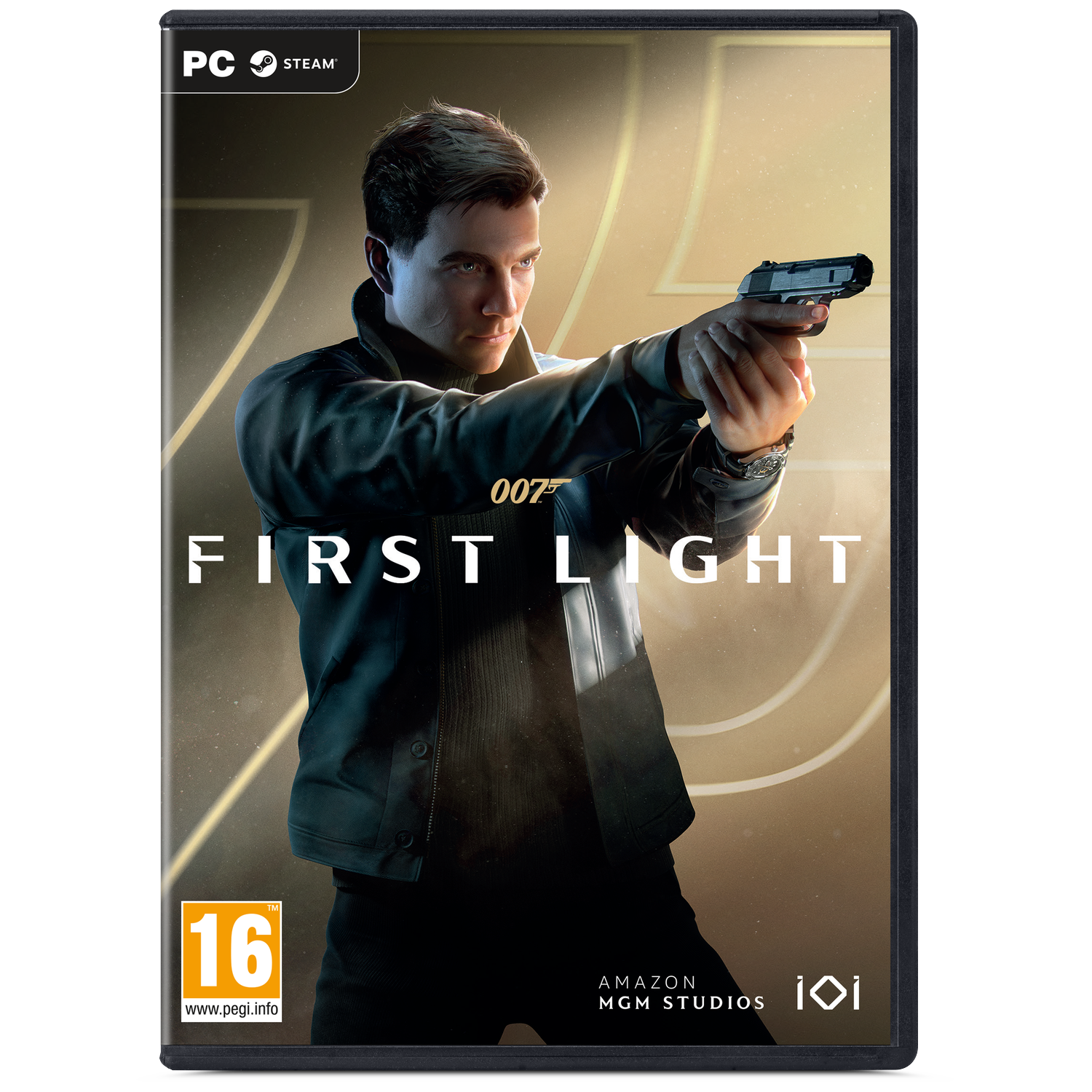 Een man in donkere kleding houdt een pistool vast. Gamecover 007 First Light.