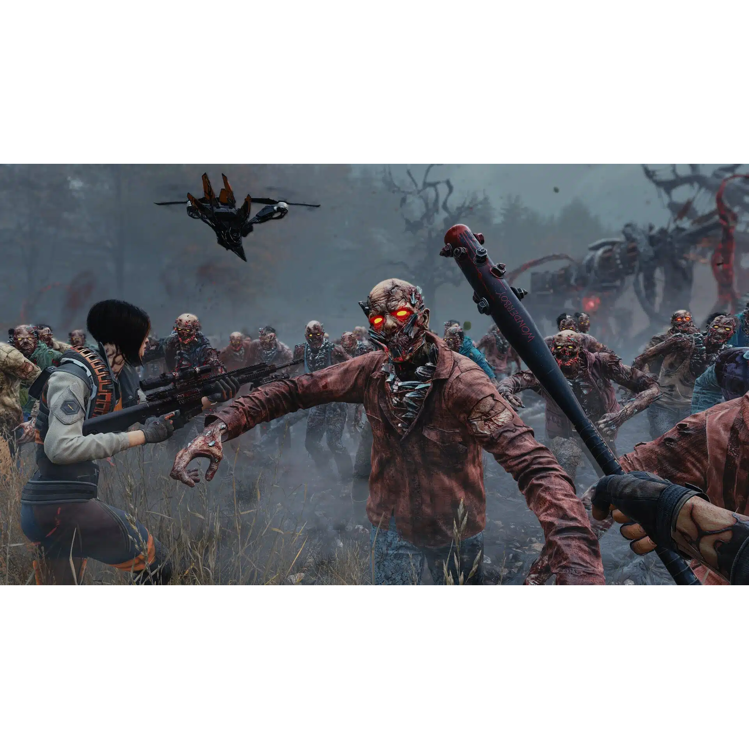 Une horde de zombies attaque des survivants. Une femme vise avec un fusil. Une personne tient une batte. Un drone survole la scène. La scène est brumeuse et sombre.
