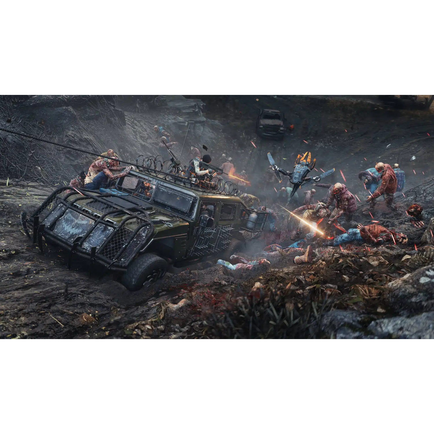 Een militair voertuig omringd door zombies. Mensen schieten op de zombies. Drone vliegt boven. Modderig terrein, post-apocalyptische scène.