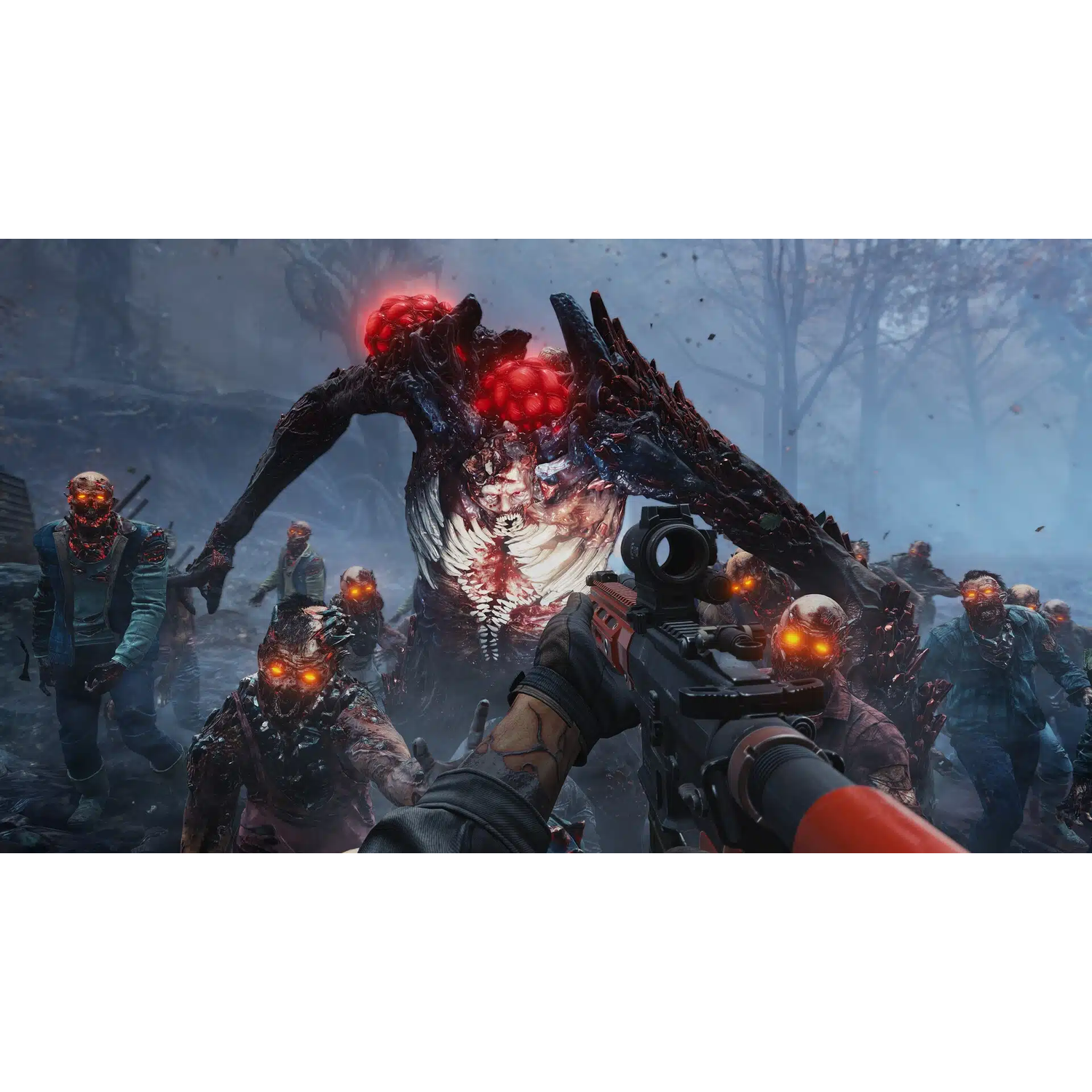 Eerste persoonsperspectief van een geweer dat op zombies richt. Een groot monster met rode bollen torent boven hen uit. Bosachtergrond.