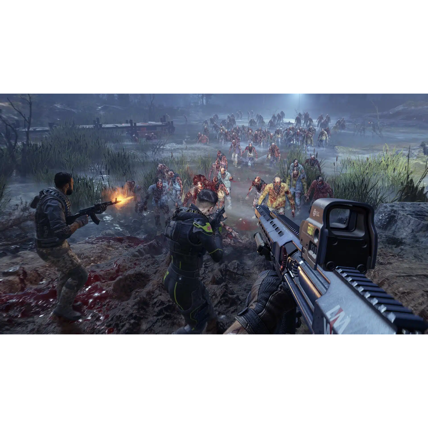 Soldaten vechten tegen zombies in een modderig moeras. Eén vuurt een wapen af, anderen vallen aan. Zombies zijn talrijk, de scène is donker.