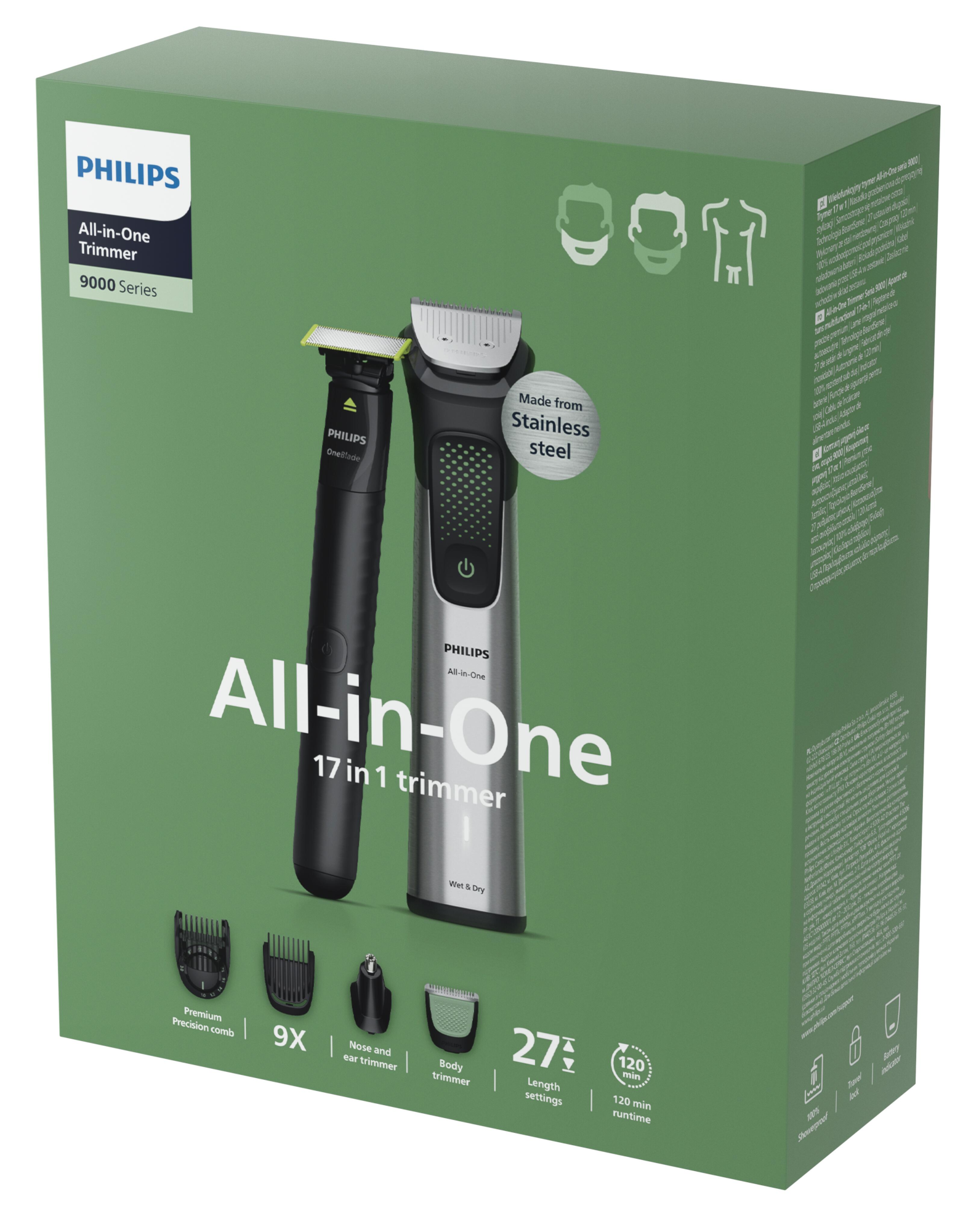 Egy Philips All-in-One trimmer doboz. A doboz zöld, termékadatokkal és egy trimmelővel.