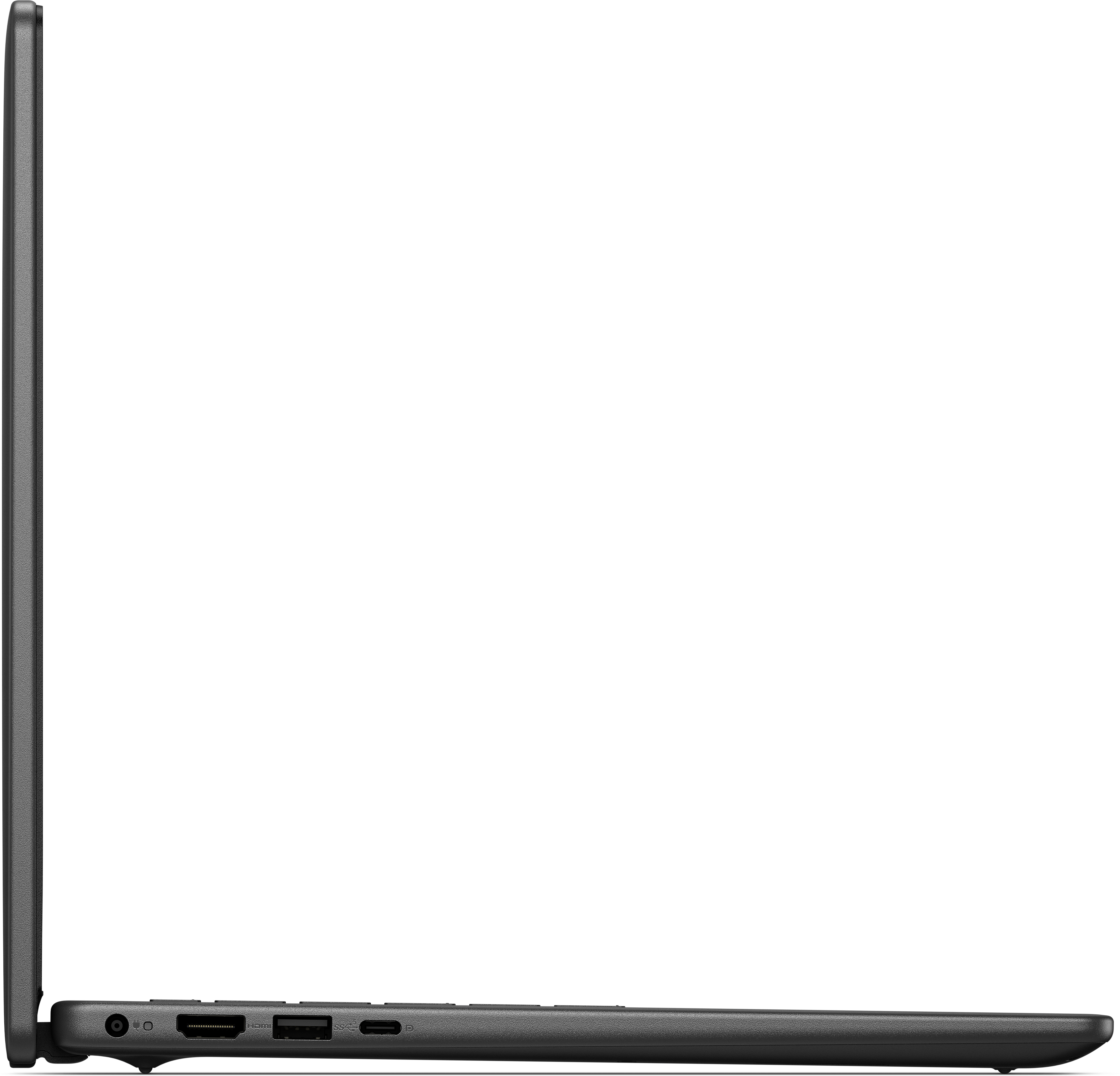 Seitenansicht eines schwarzen Laptops. Sichtbare Anschlüsse: Strom, HDMI, USB und SD-Kartenleser.