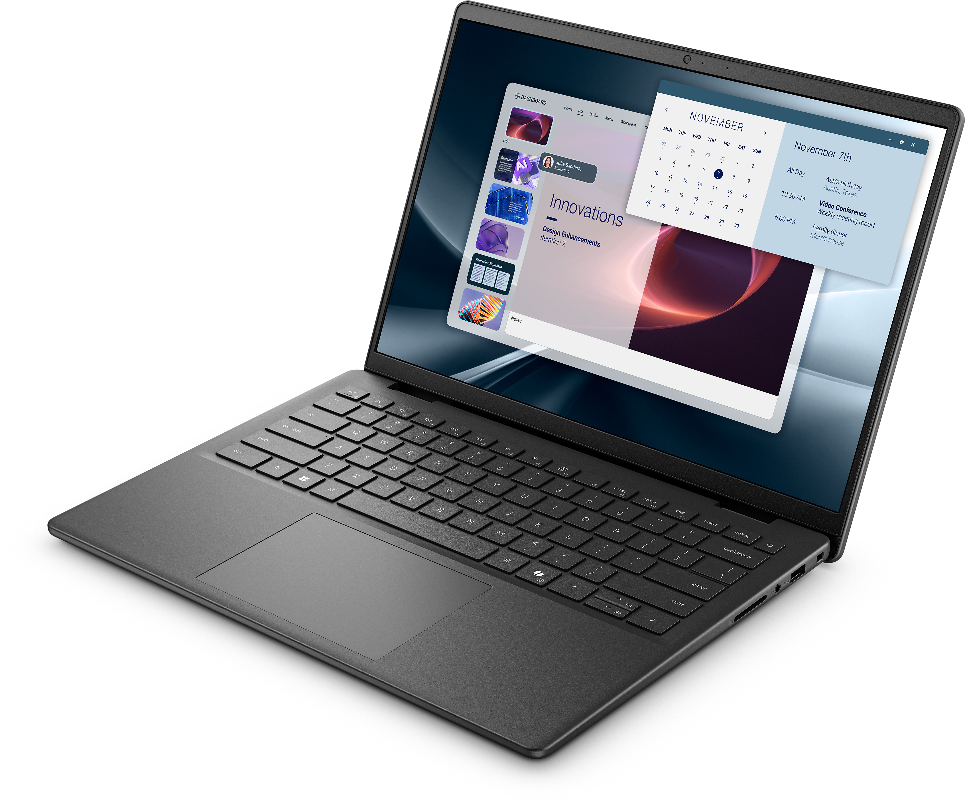 Laptop auf schwarzem Untergrund mit Kalender und Anwendungs-Oberfläche.