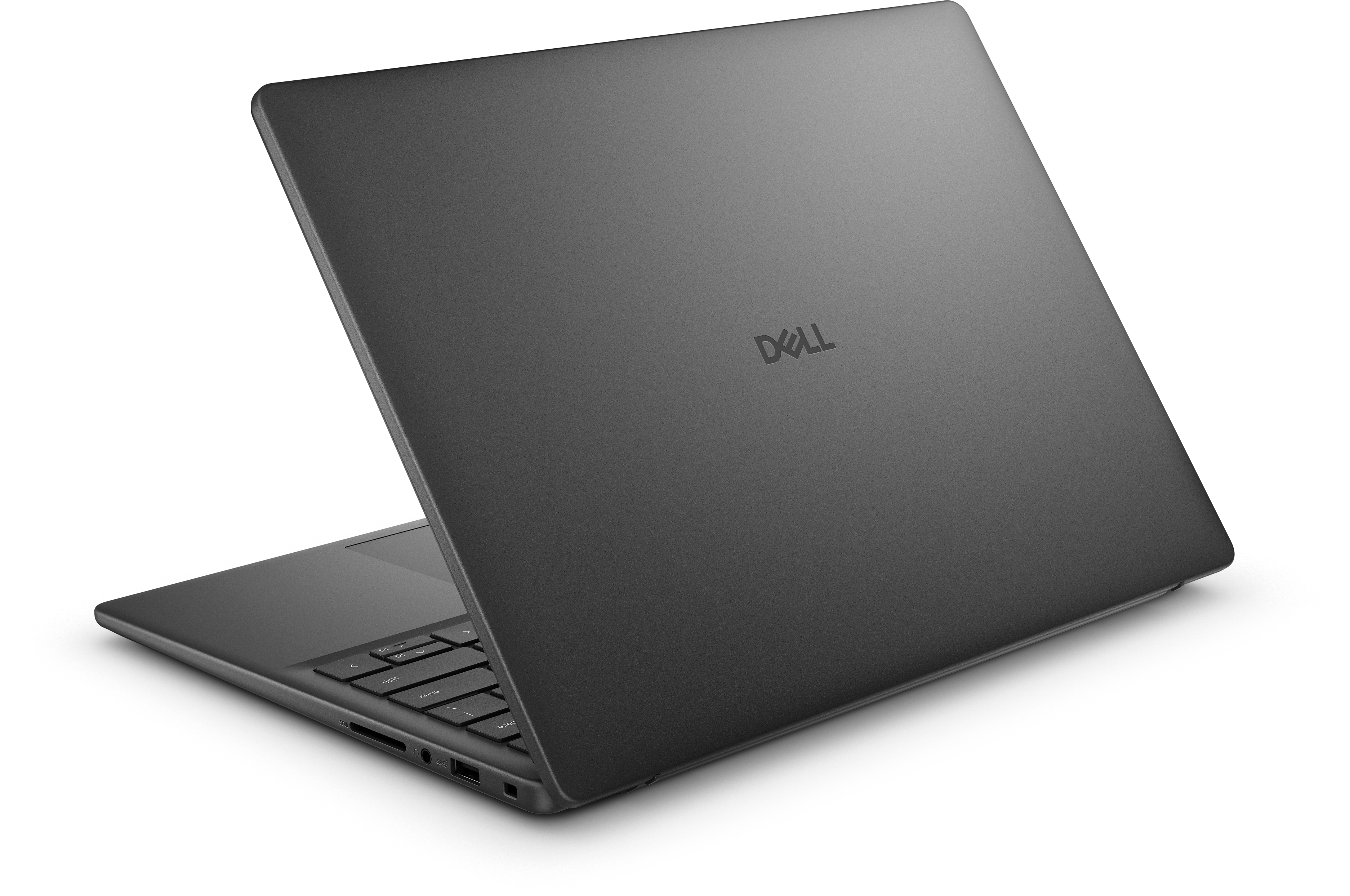 Ein grauer Dell-Laptop ist auf schwarzem Grund geöffnet. Das Dell-Logo ist auf dem Deckel sichtbar.
