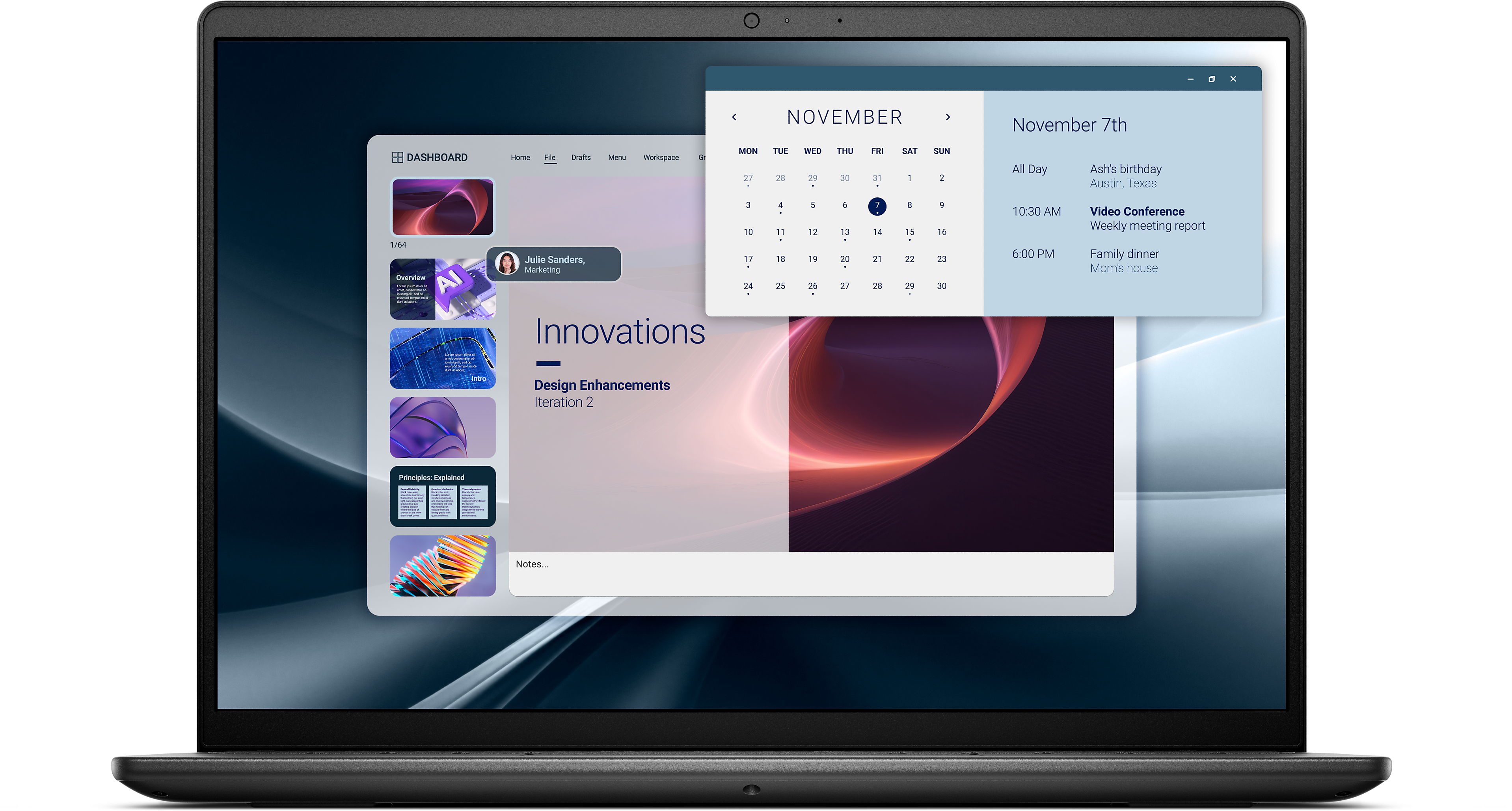 Laptop-Bildschirm zeigt einen Kalender mit dem 7. November und ein Dashboard mit App-Symbolen.