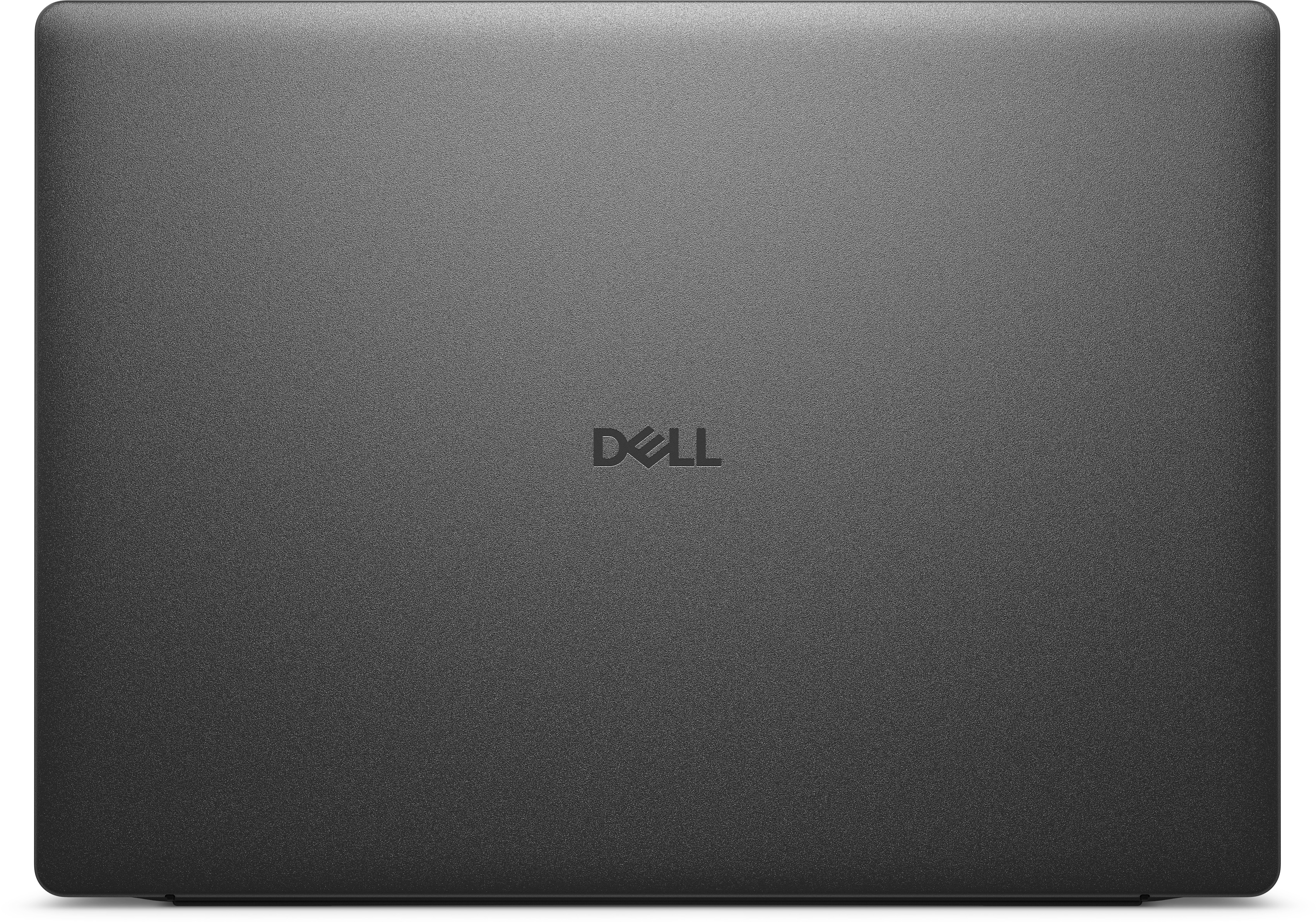 Das Bild zeigt einen geschlossenen schwarzen Laptop mit dem DELL-Logo in der Mitte. Die Oberfläche hat eine strukturierte Oberfläche.