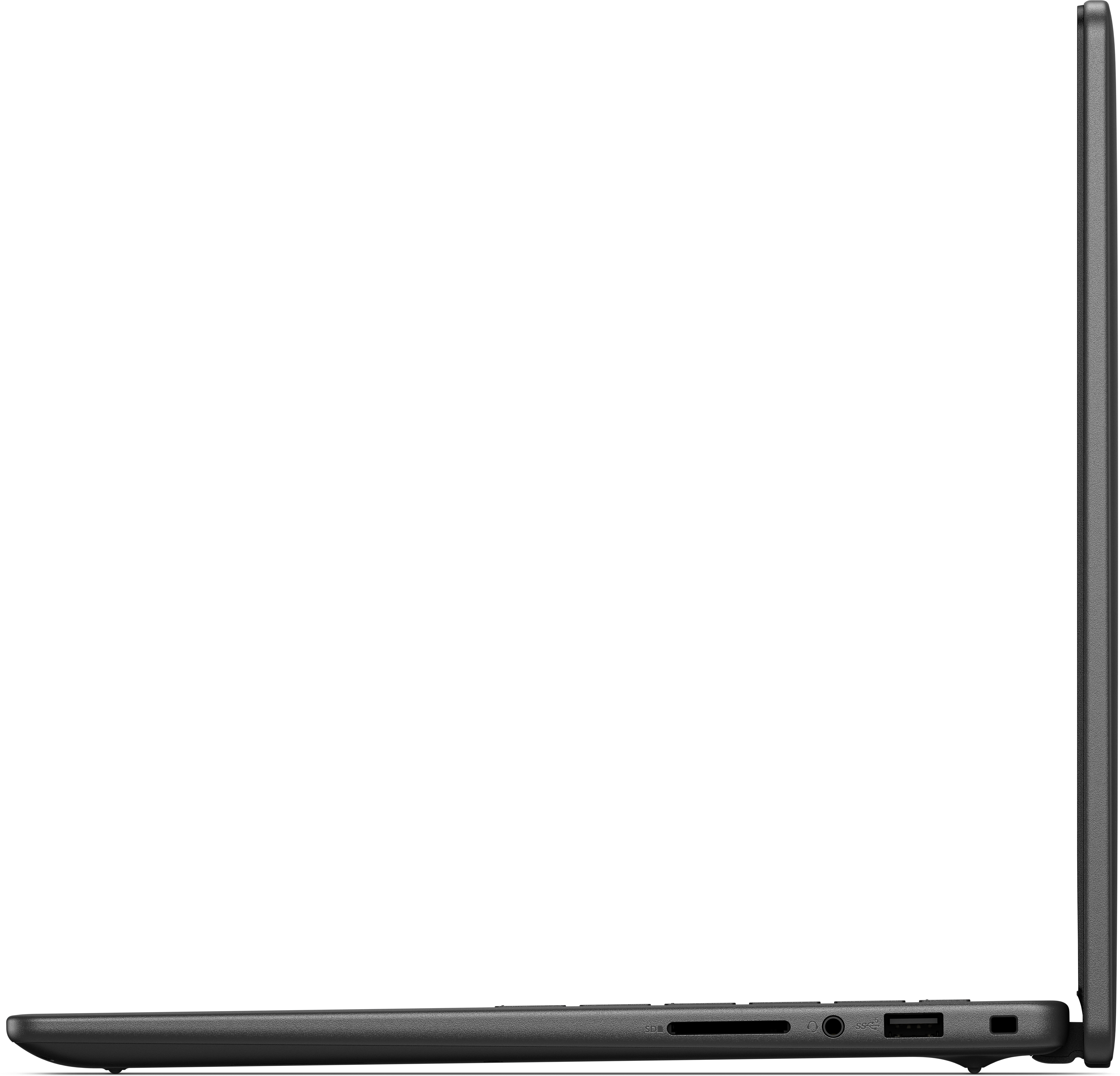 Seitenansicht eines geschlossenen Laptops. Zeigt Anschlüsse wie SD-Kartenleser, Audioanschluss, USB und Stromeingang.