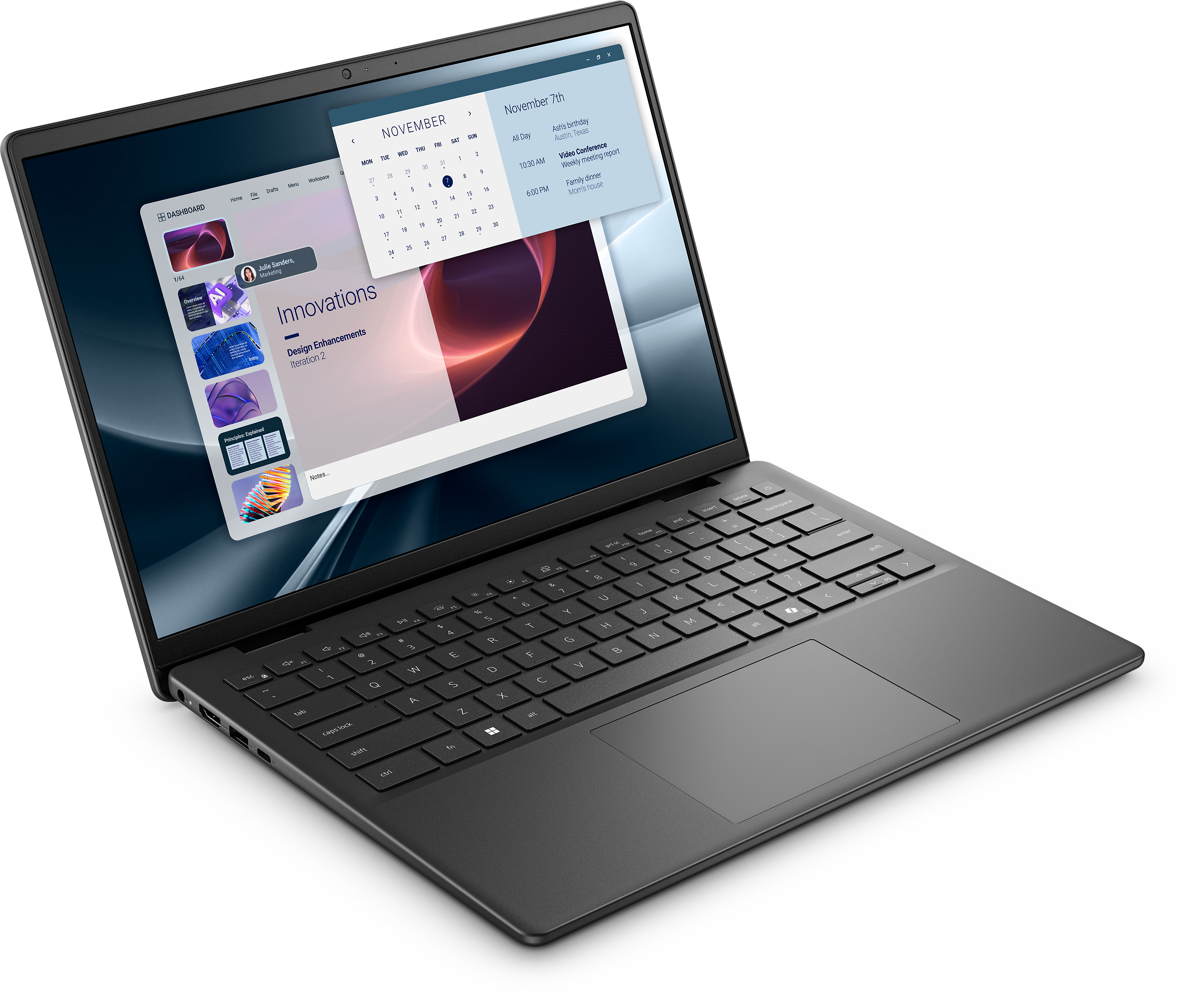 Ein Laptop zeigt einen Kalender und ein Dashboard. Die Tastatur ist sichtbar. Der Hintergrund ist schwarz.