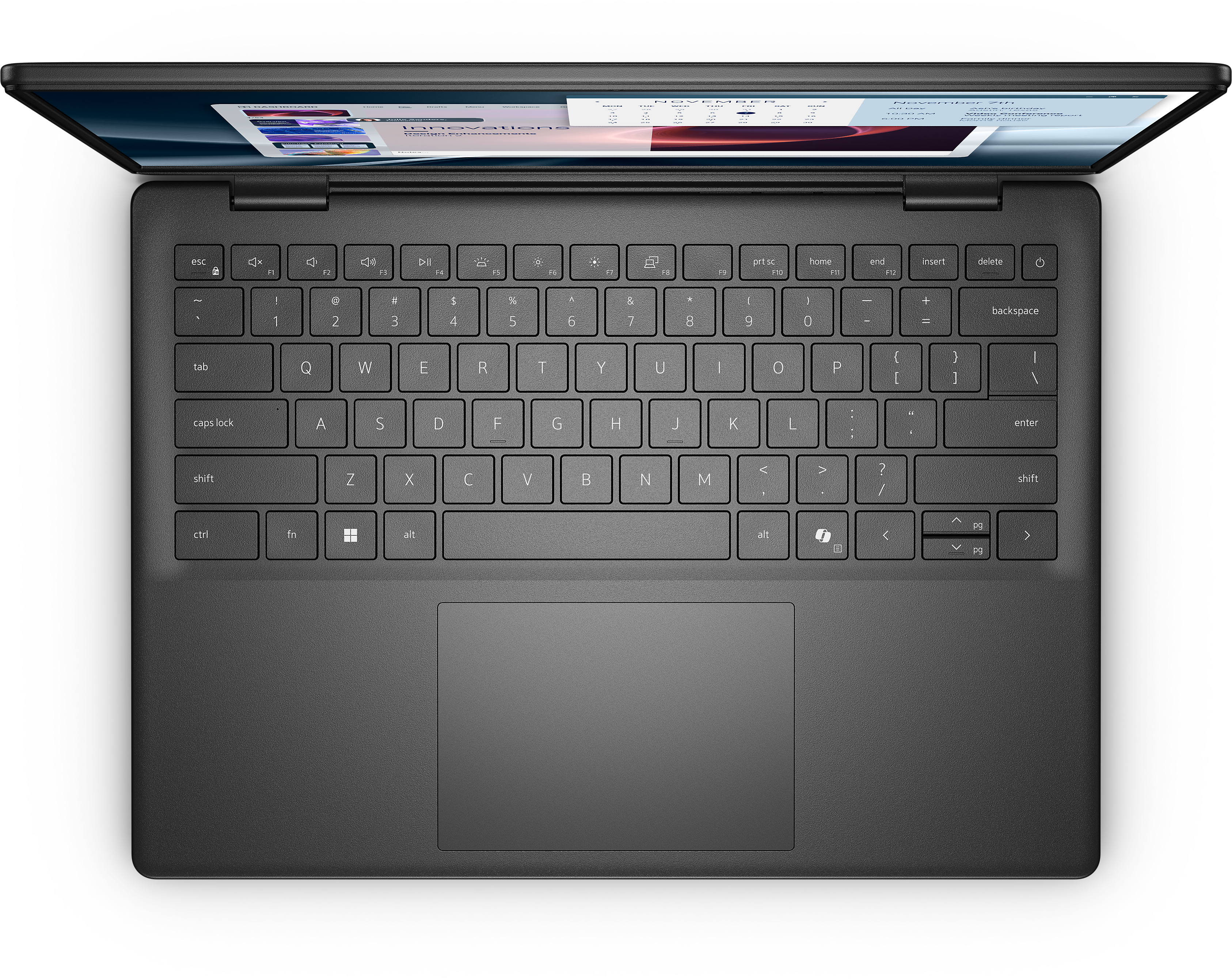 Draufsicht auf einen schwarzen Laptop, Tastatur sichtbar. Bildschirm zeigt Website.