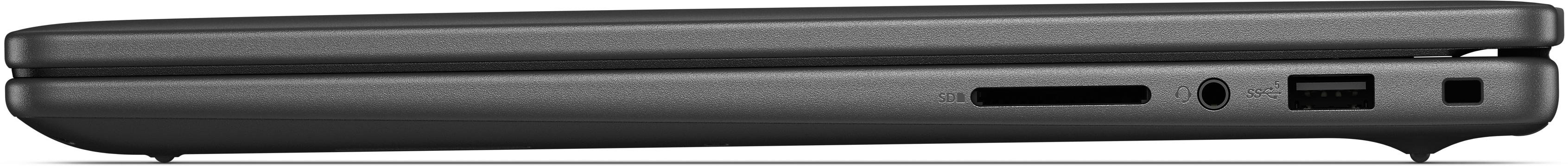 Seitenansicht eines dunkelgrauen Laptops. Sichtbare Anschlüsse sind SD, Audio, USB und Stromeingang.