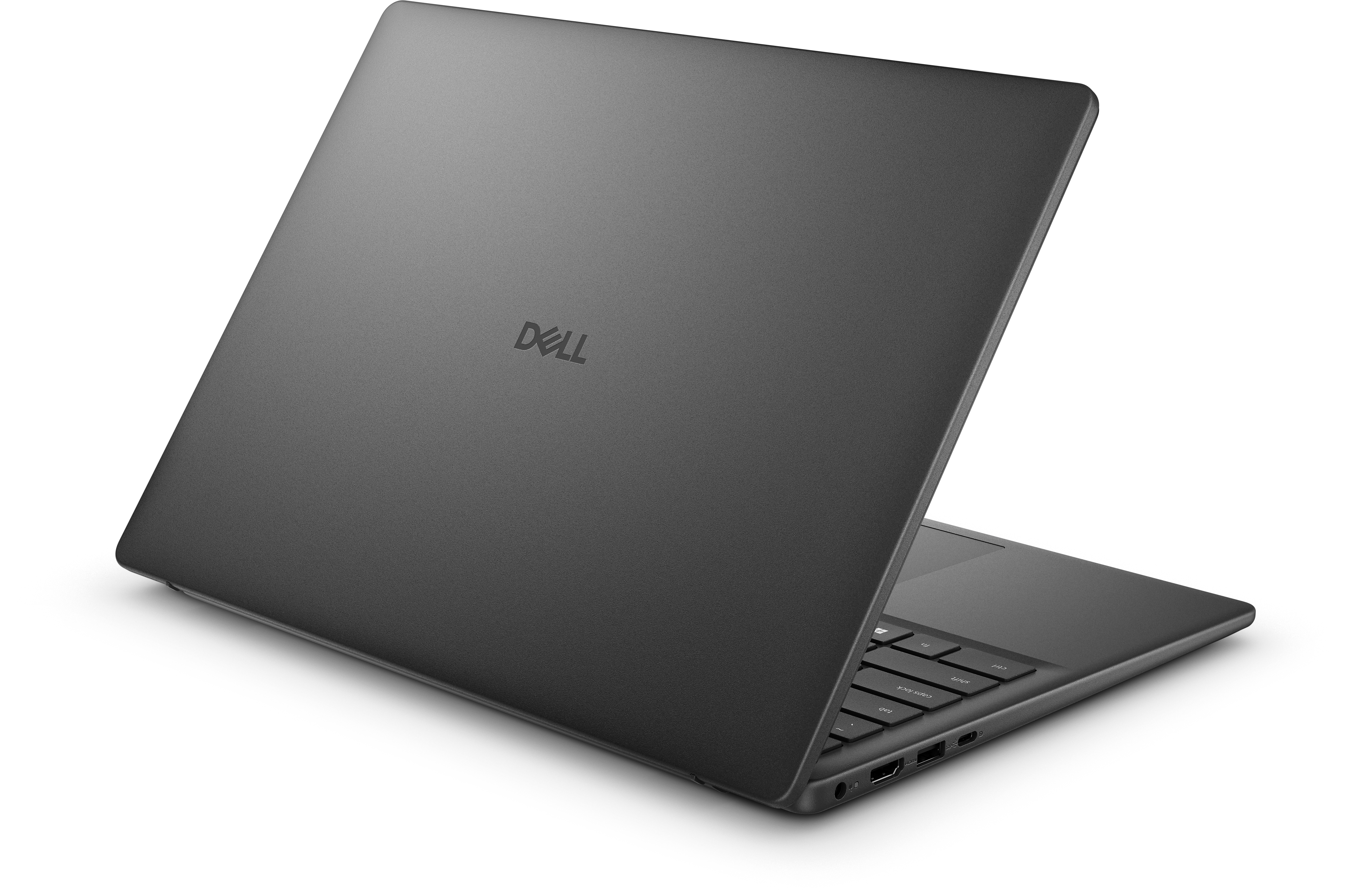Ein grauer Dell-Laptop ist auf einer schwarzen Oberfläche geöffnet. Das Dell-Logo ist auf dem Deckel.