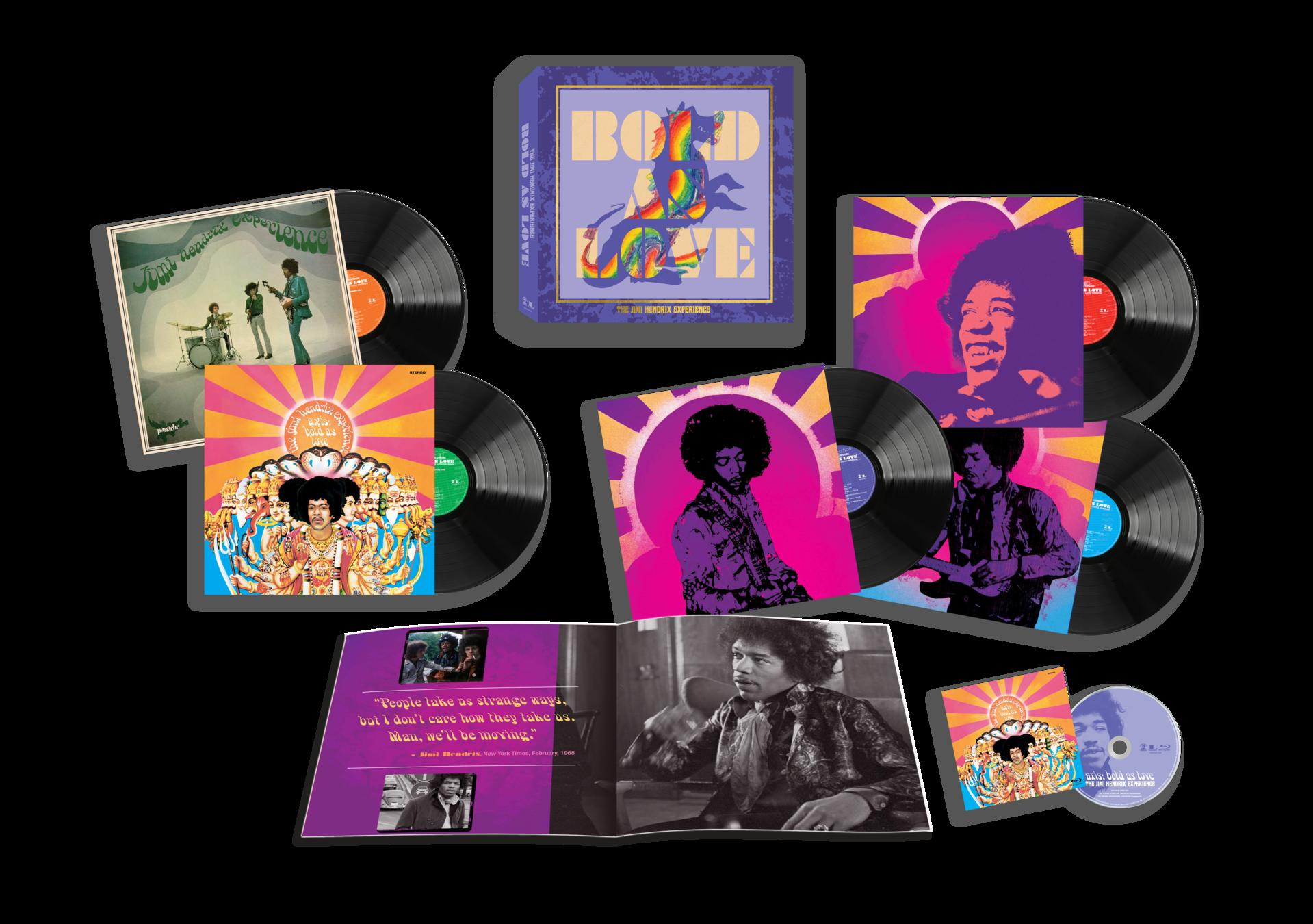Jimi Hendrix Experience Box-Set mit Schallplatten und CDs, kunstvolle Cover.