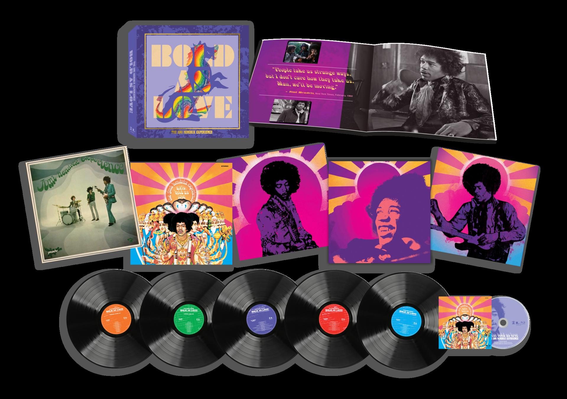 Jimi Hendrix Experience Vinylbox mit Schallplatten und CD. "Bold As Love" Cover.