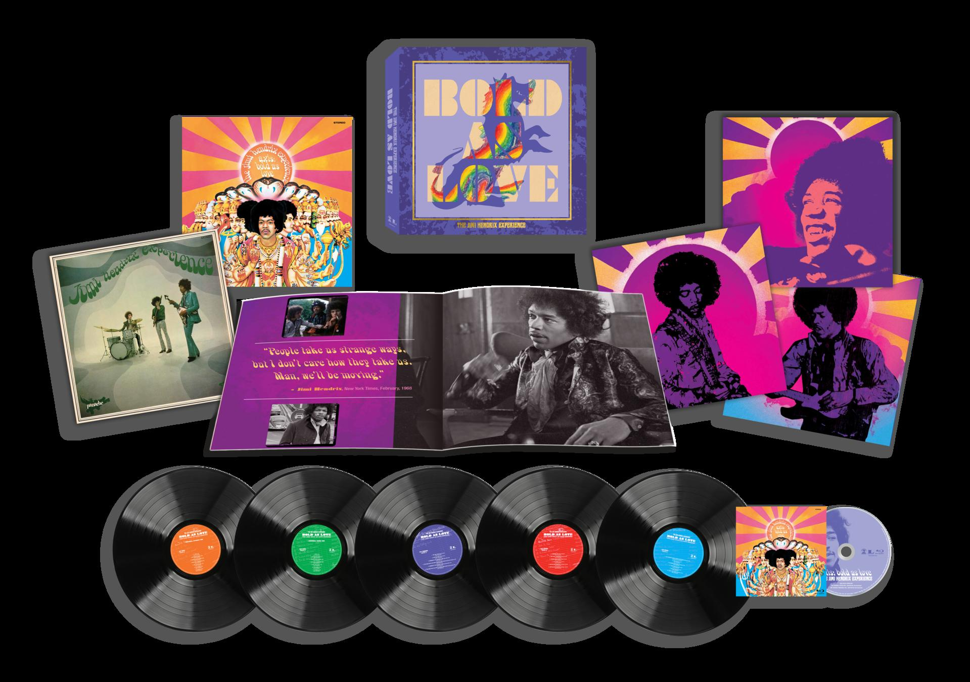 Jimi Hendrix Albumsammlung mit Albumcovern, Schallplatten und einer CD. Enthält Albumcover mit leuchtenden Farben und Porträts.