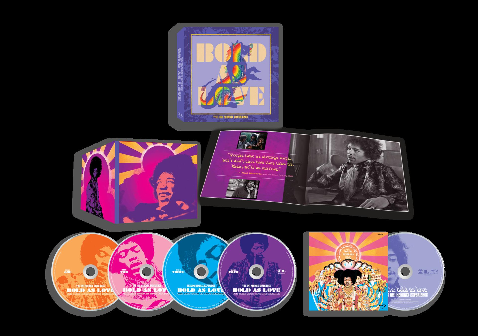 Een verzameling 'Bold as Love'-albumitems. Bevat cd's, Blu-ray, boekjes en albumhoezen met Jimi Hendrix in verschillende poses.