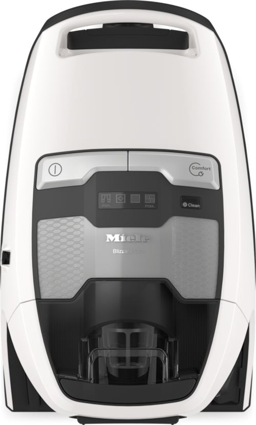 Ein weißer und schwarzer Miele-Staubsauger. Das Design umfasst einen Griff, Knöpfe und einen Staubbehälter. Der Markenname ist sichtbar.