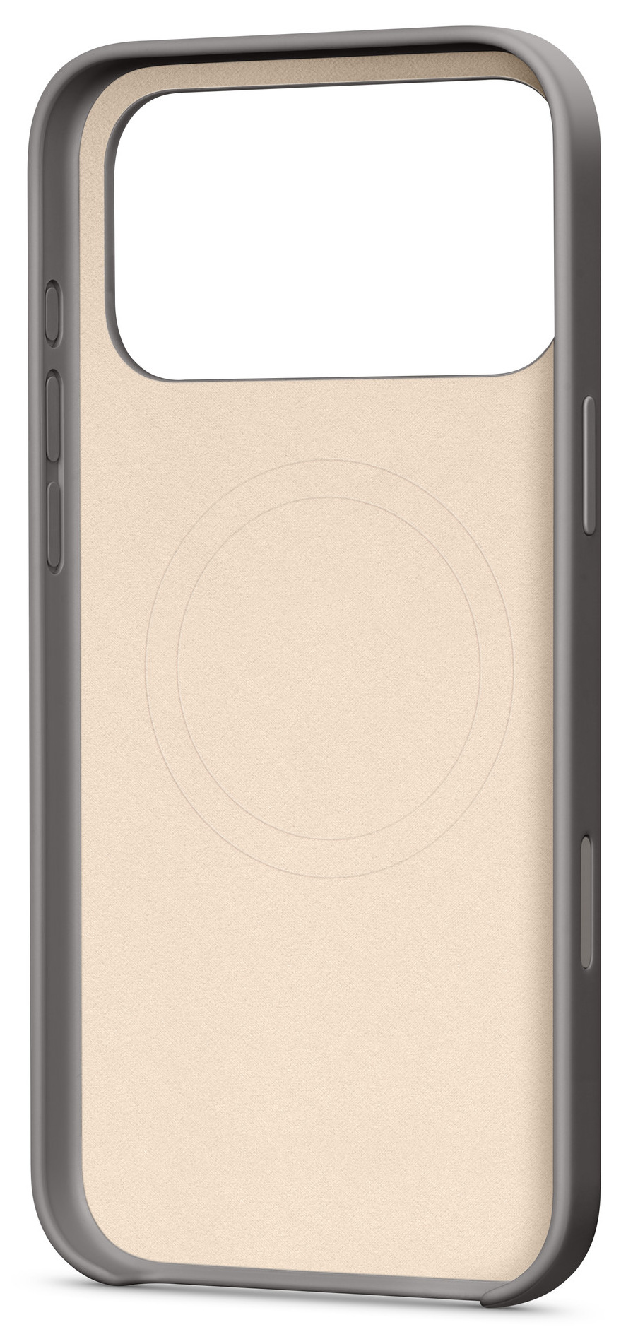 Etui na telefon z szarą ramką i beżowym wnętrzem. Ma wycięcia na aparat i przyciski oraz okrągły wzór.