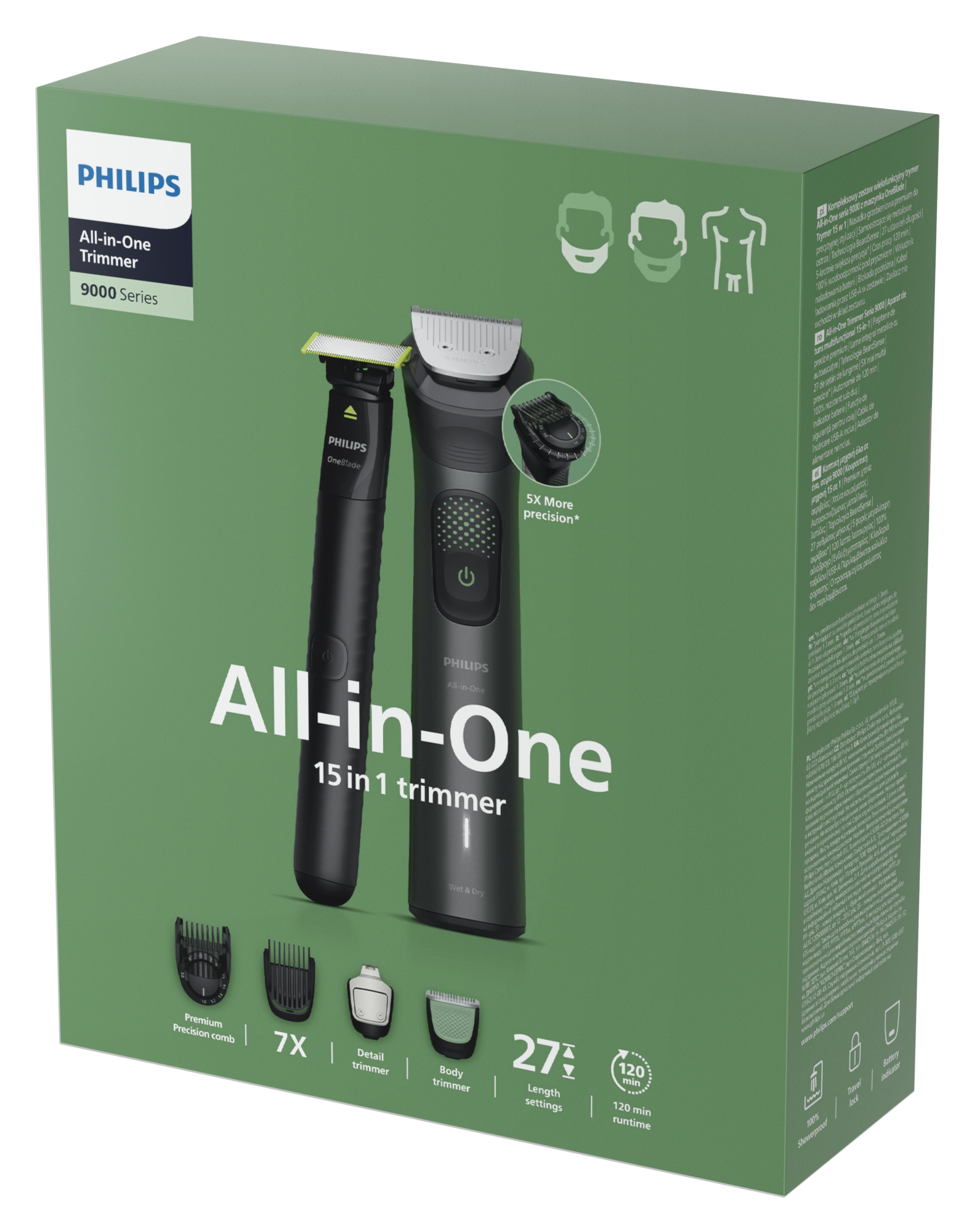 Egy Philips All-in-One trimmelő zöld doboza, amely a terméket és a tartozékokat mutatja.
