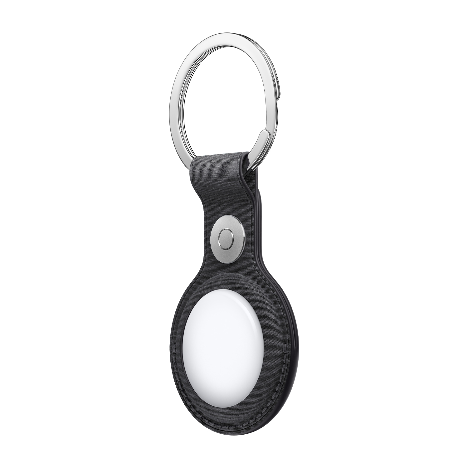 Un portachiavi nero con anello argentato e un'etichetta circolare bianca su sfondo bianco.