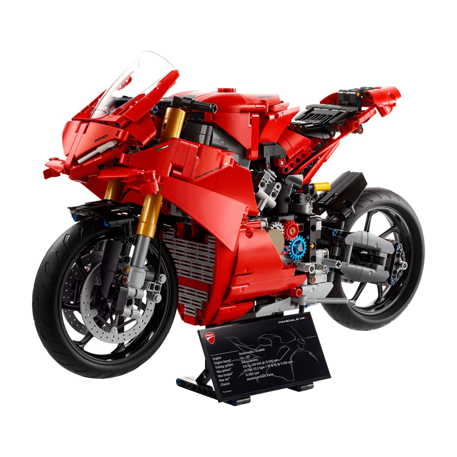 Un modello di moto Ducati Panigale V4 rosso. Ha un parabrezza trasparente, pneumatici neri e un display con specifiche.