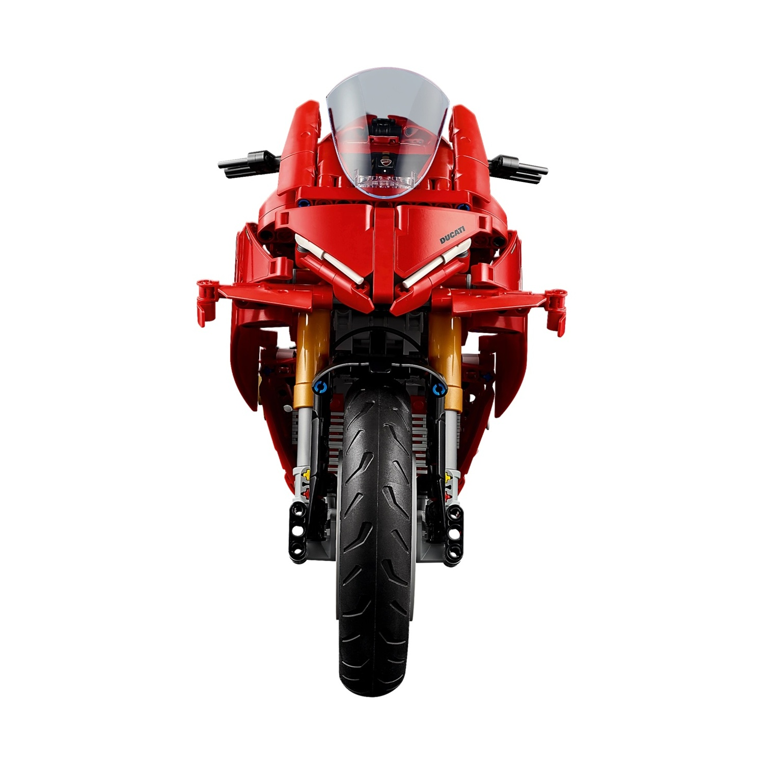 Modello di moto Ducati rosso, vista frontale, su sfondo bianco. Vista dettagliata del motore, delle ruote e della carenatura. La parola 'Ducati' è visibile.