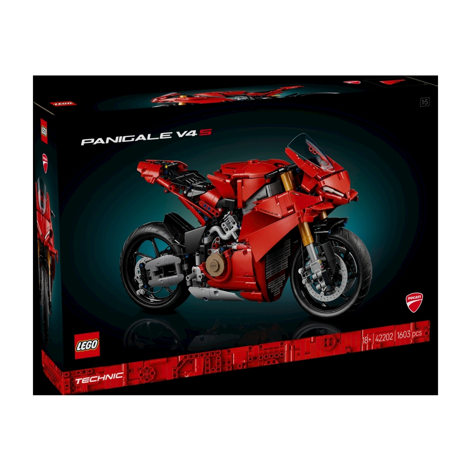 Una moto rossa Lego Technic Ducati Panigale V4 S su una scatola nera. La scatola mostra anche la moto e il logo Lego.