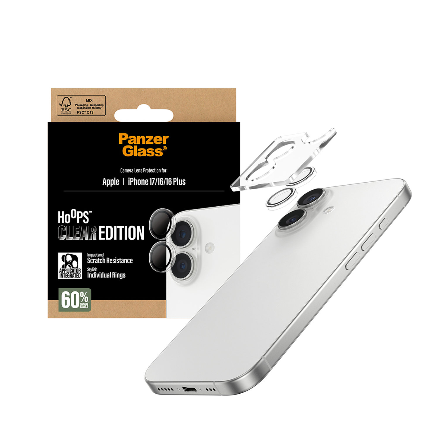 Productfoto van een iPhone met Panzer Glass cameralensbeschermer. De verpakking is ook zichtbaar, met tekstlabels en logo's.