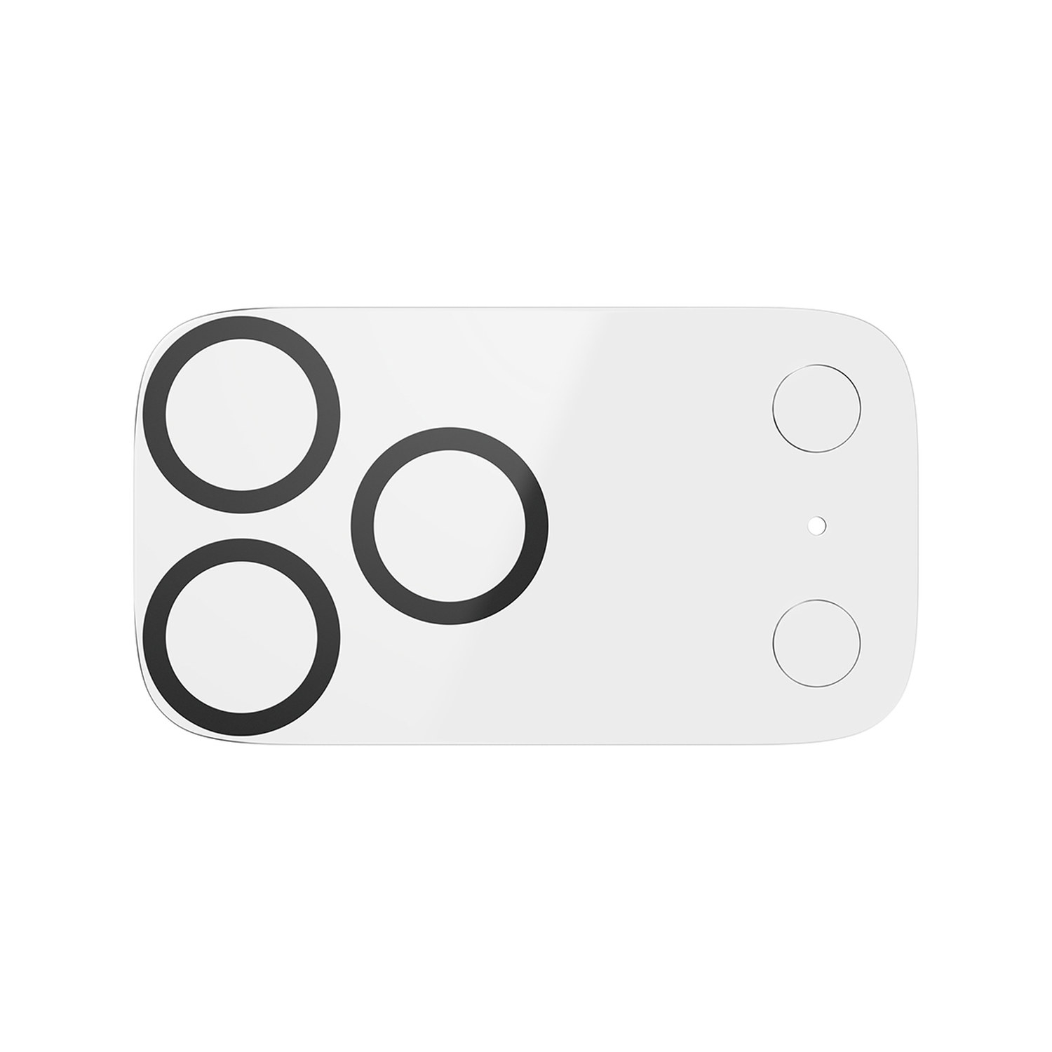 Een witte rechthoekige telefooncamera-beschermer met vier zwarte cirkels en een kleine cirkel en gat.