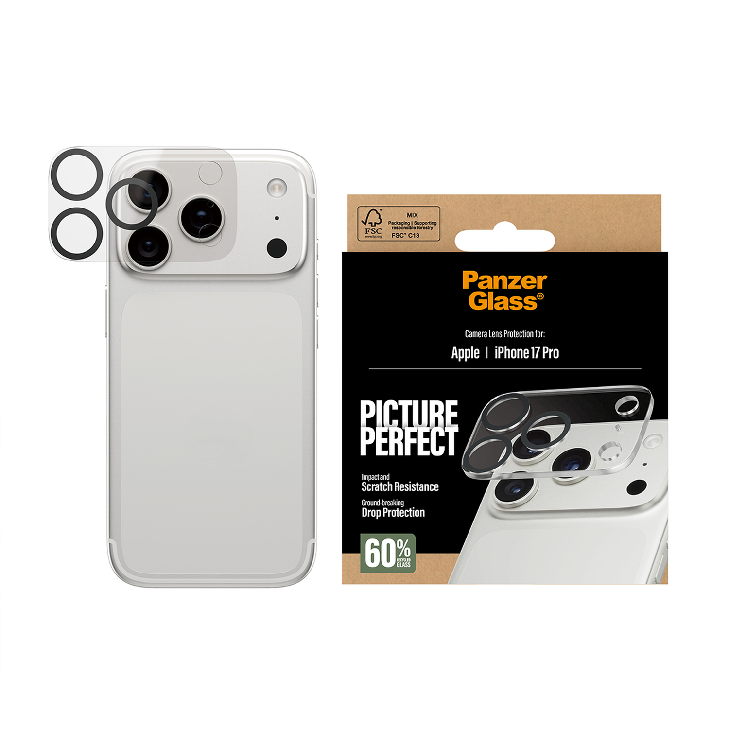 Afbeelding toont een iPhone met lensbeschermers en verpakking. De beschermers zijn transparant. De verpakking heeft het Panzer Glass logo.