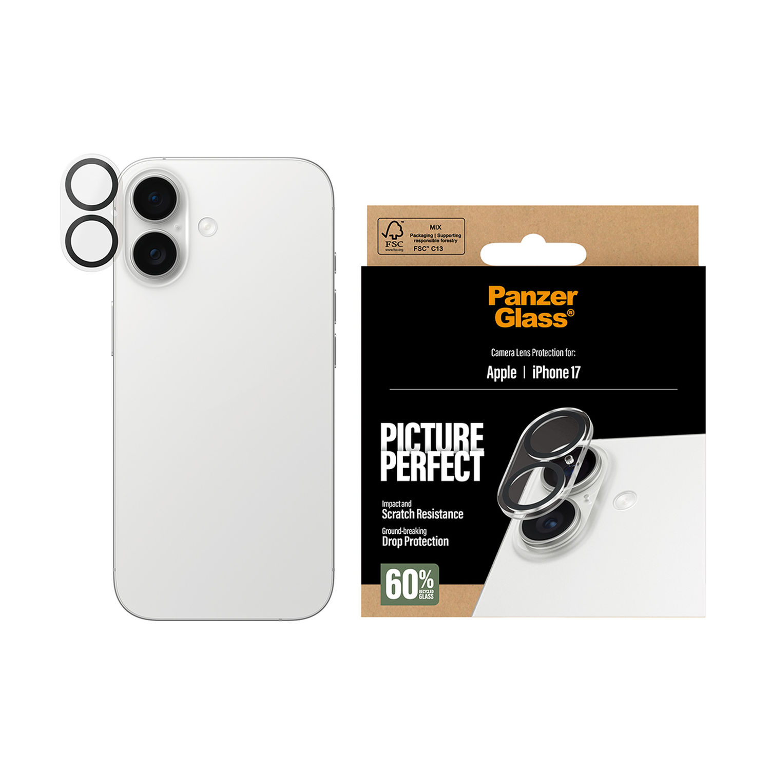 Witte iPhone met cameralensbeschermers, een Panzer Glass doos en het FSC-logo op een witte achtergrond.