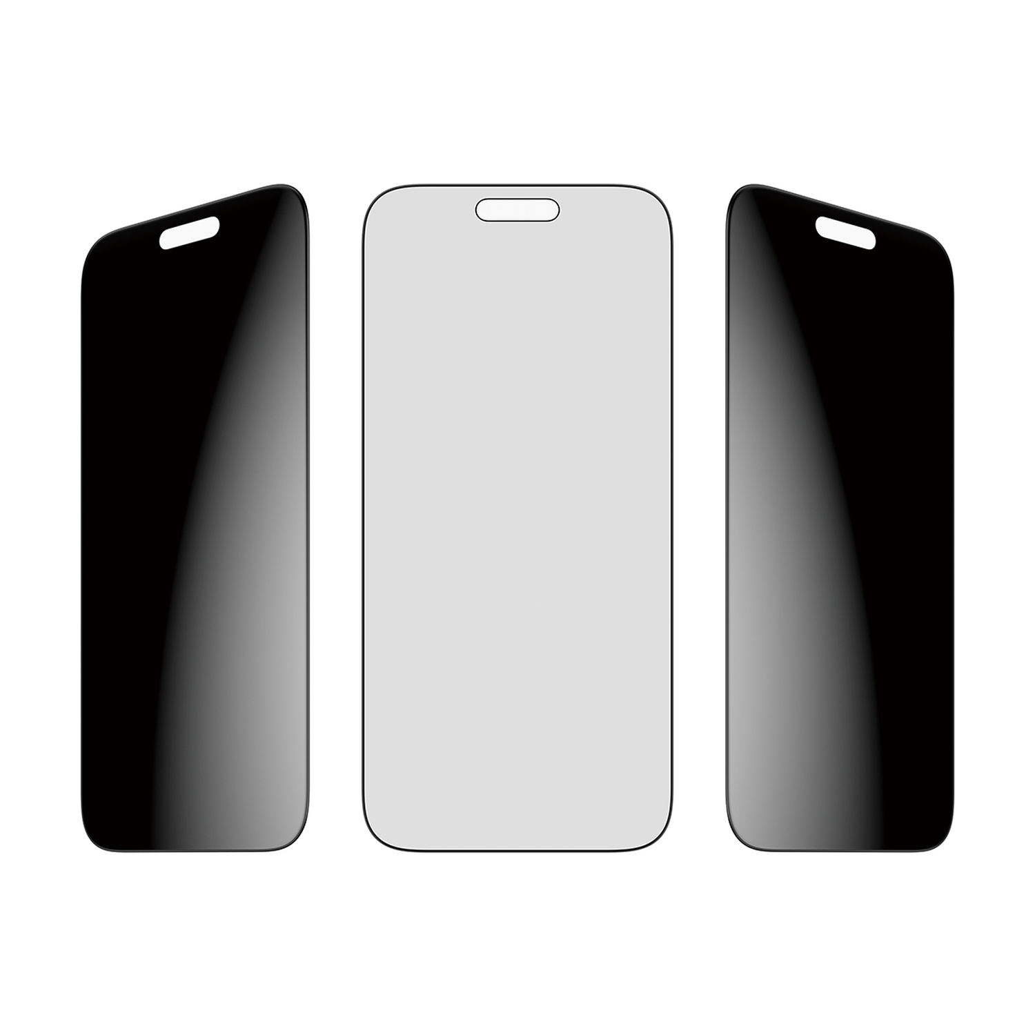 Drie telefoonschermbeschermers. De middelste is lichtgrijs, geflankeerd door twee zwarte, allemaal op een witte achtergrond.
